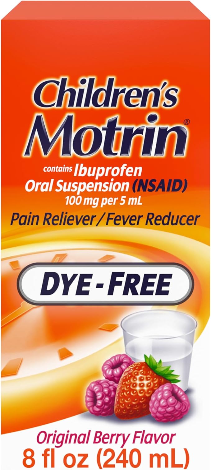 Children's Motrin Oral Suspension 100mg Ibuprofen Medicine, NSAID Fever Reducer & Pain Reliever for Minor Aches & Pains Due to Cold & Flu, Dye Free, Alcohol-Free, Berry Flavored, 8 fl. oz