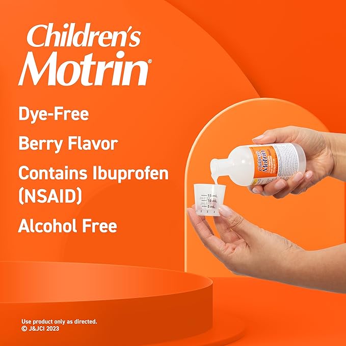 Children's Motrin Oral Suspension 100mg Ibuprofen Medicine, NSAID Fever Reducer & Pain Reliever for Minor Aches & Pains Due to Cold & Flu, Dye Free, Alcohol-Free, Berry Flavored, 8 fl. oz