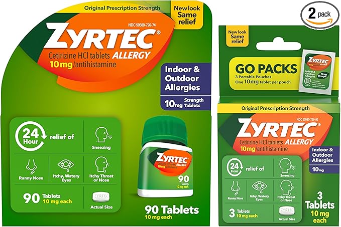 Zyrtec 24 Hour Allergy Relief Tablets, Indoor & Outdoor Allergy Medicine with 10 mg Cetirizine Hydrochloride Antihistamine, Value Bundle of one, 90 ct Bottle & Three, 1 ct Travel Packs
