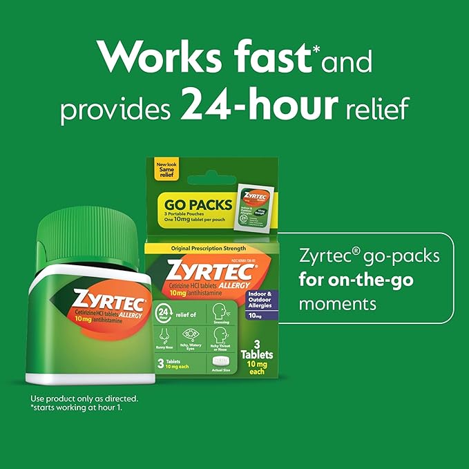 Zyrtec 24 Hour Allergy Relief Tablets, Indoor & Outdoor Allergy Medicine with 10 mg Cetirizine Hydrochloride Antihistamine, Value Bundle of one, 90 ct Bottle & Three, 1 ct Travel Packs
