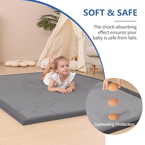 Baby Play Mat for Floor,1.3" Thick Elasti-Foam 50x50 Playpen Mat for Toddlers Infant kids,Water-Repellent Soft Coral Velvet for Tummy Time,Non-Slip Backing for Crawling,Tatami Style (Dark Grey)