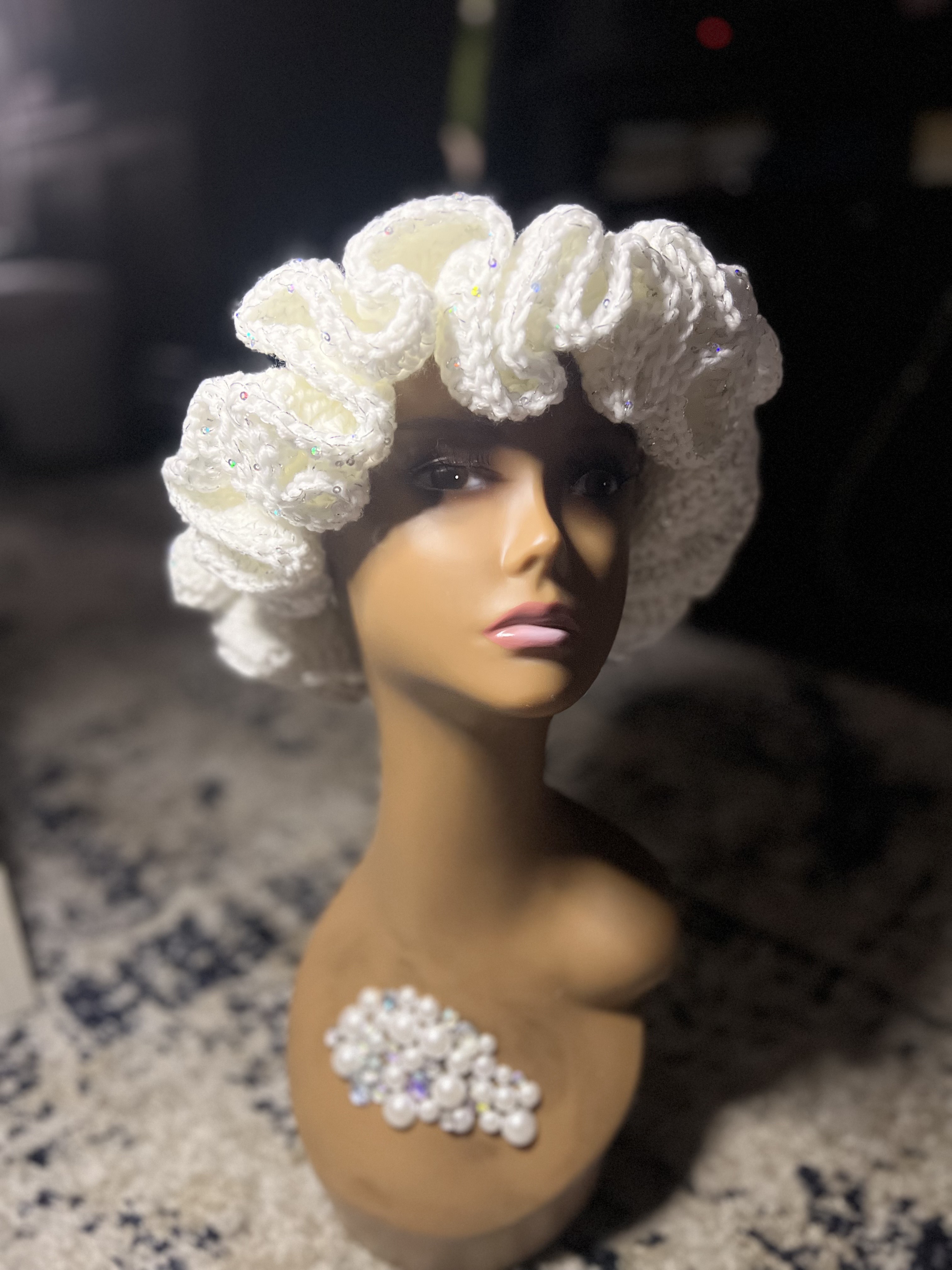 White Super Ruffle Hat w/ Silver Highlights 