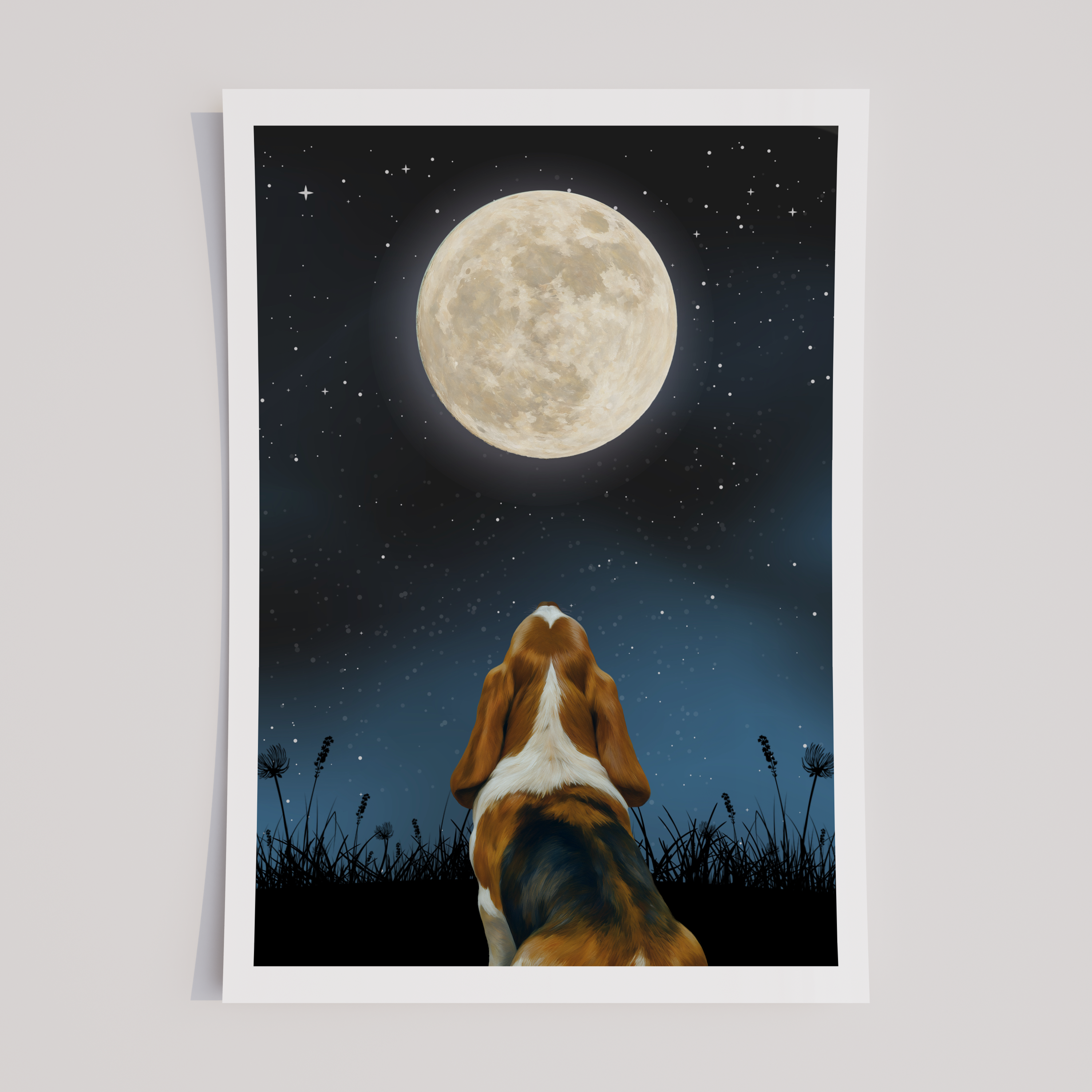 Unframed Moon Gazing Basset Hound Art Print