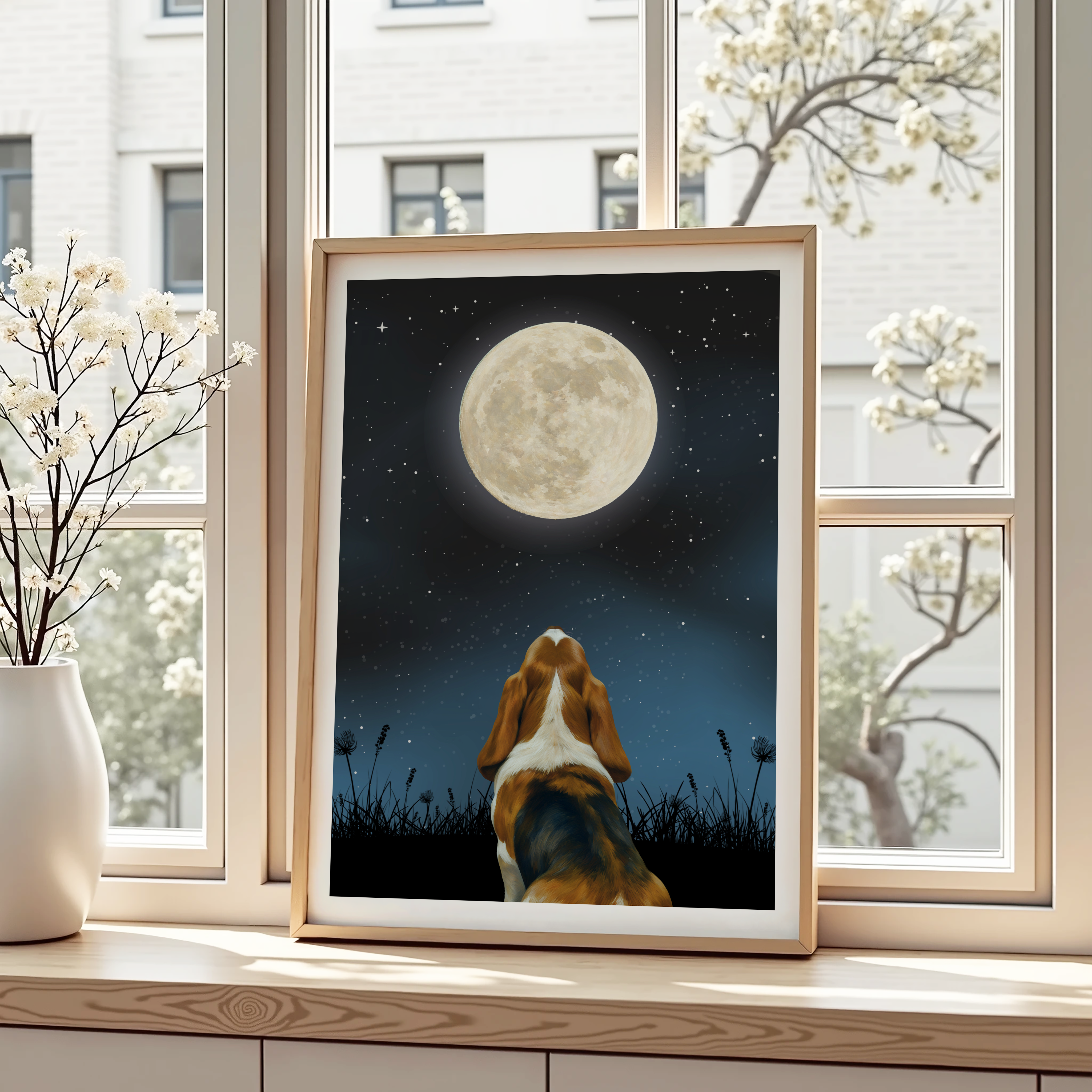 Unframed Moon Gazing Basset Hound Art Print