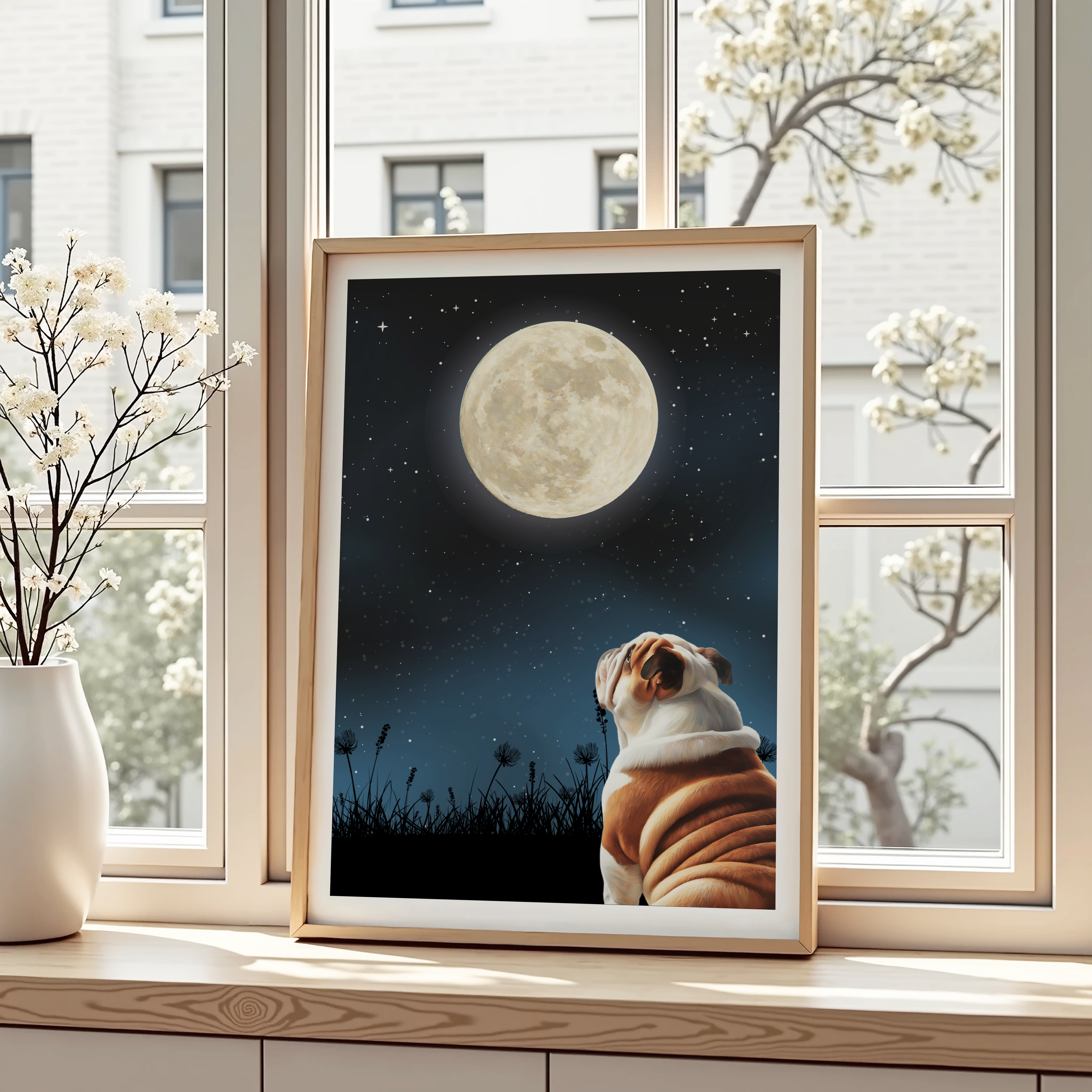 Unframed Moon Gazing British Bulldog Art Print