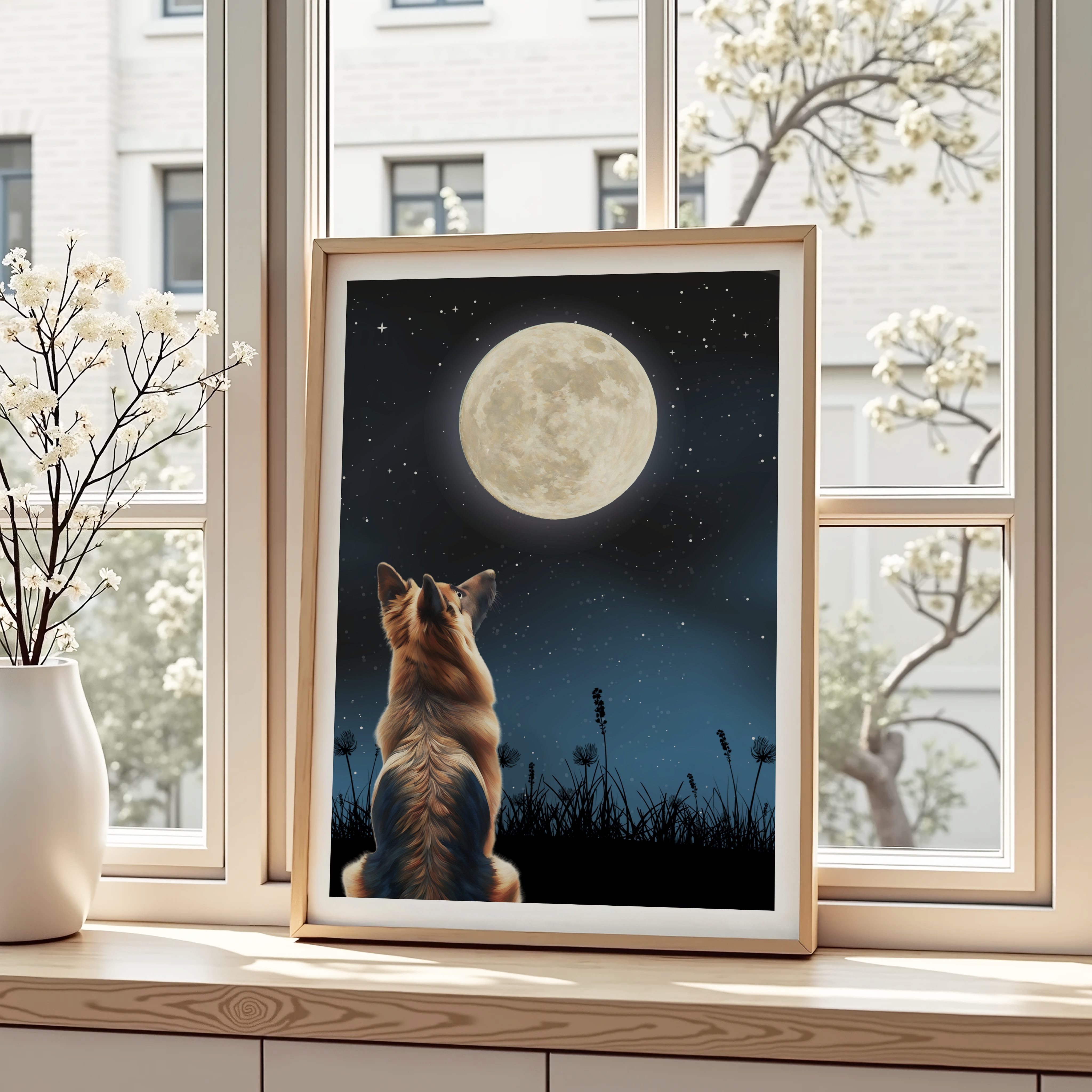 Unframed Moon Gazing German Shepherd / Alsatian Art Print
