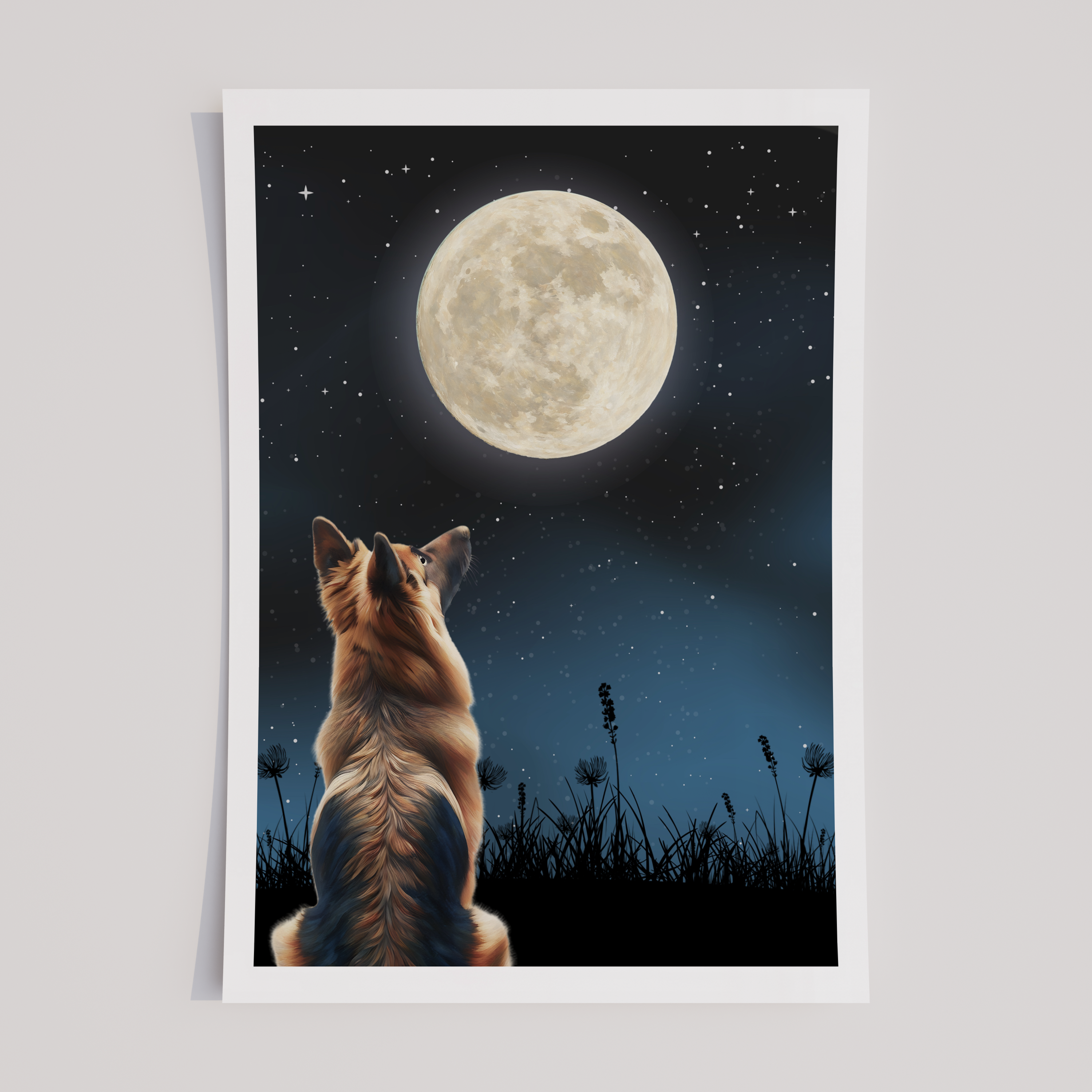 Unframed Moon Gazing German Shepherd / Alsatian Art Print
