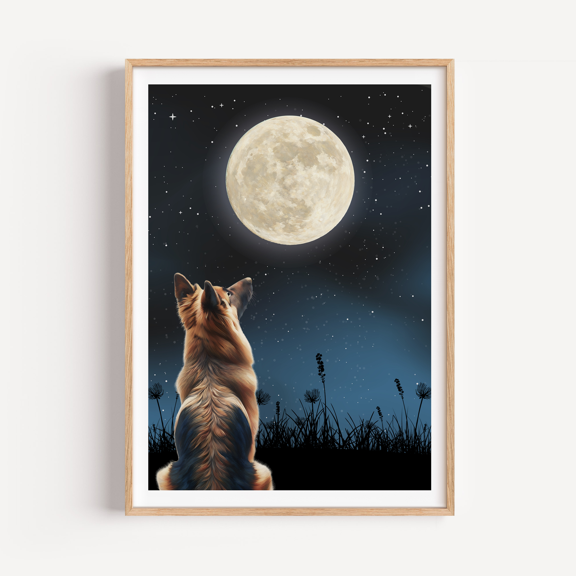 Unframed Moon Gazing German Shepherd / Alsatian Art Print