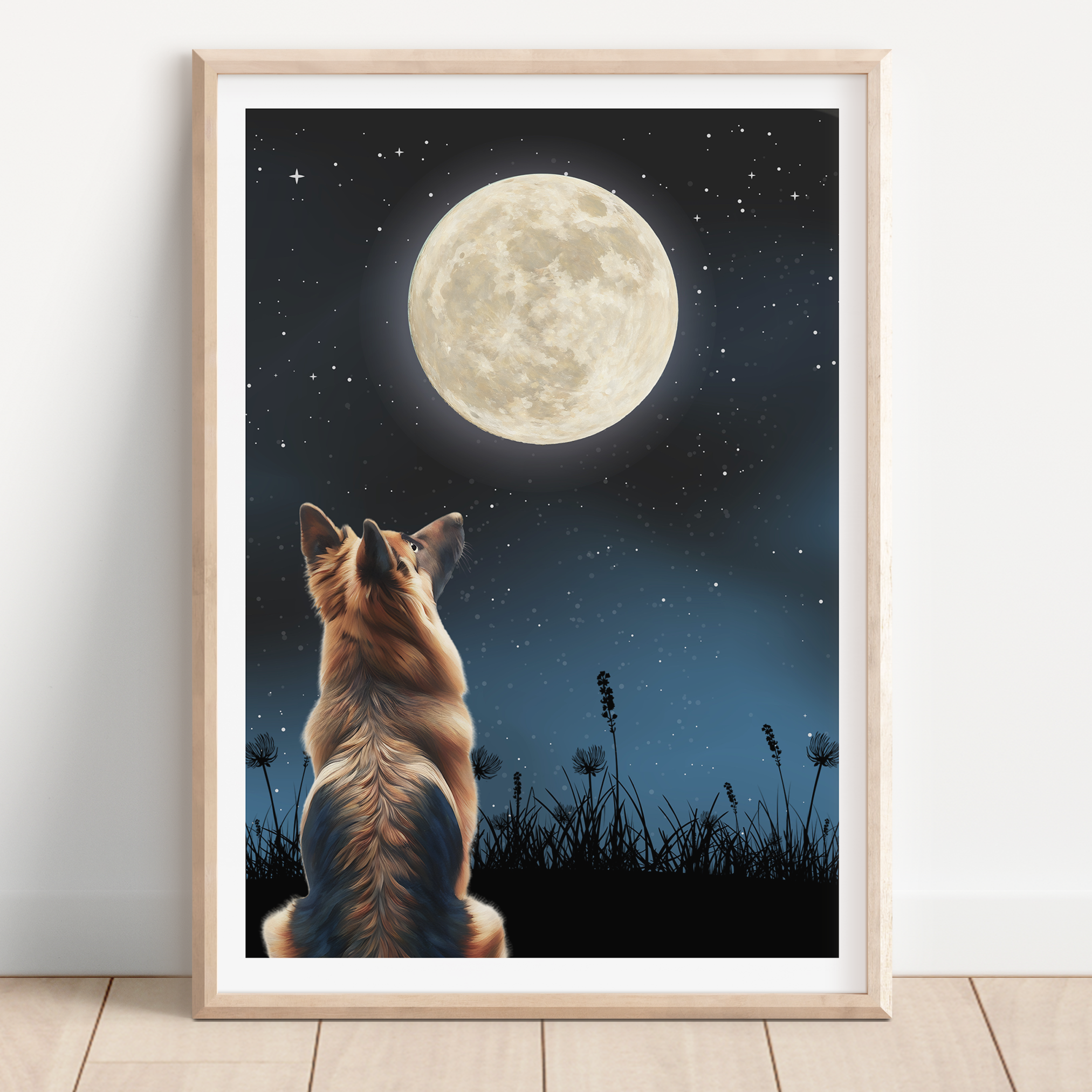 Unframed Moon Gazing German Shepherd / Alsatian Art Print