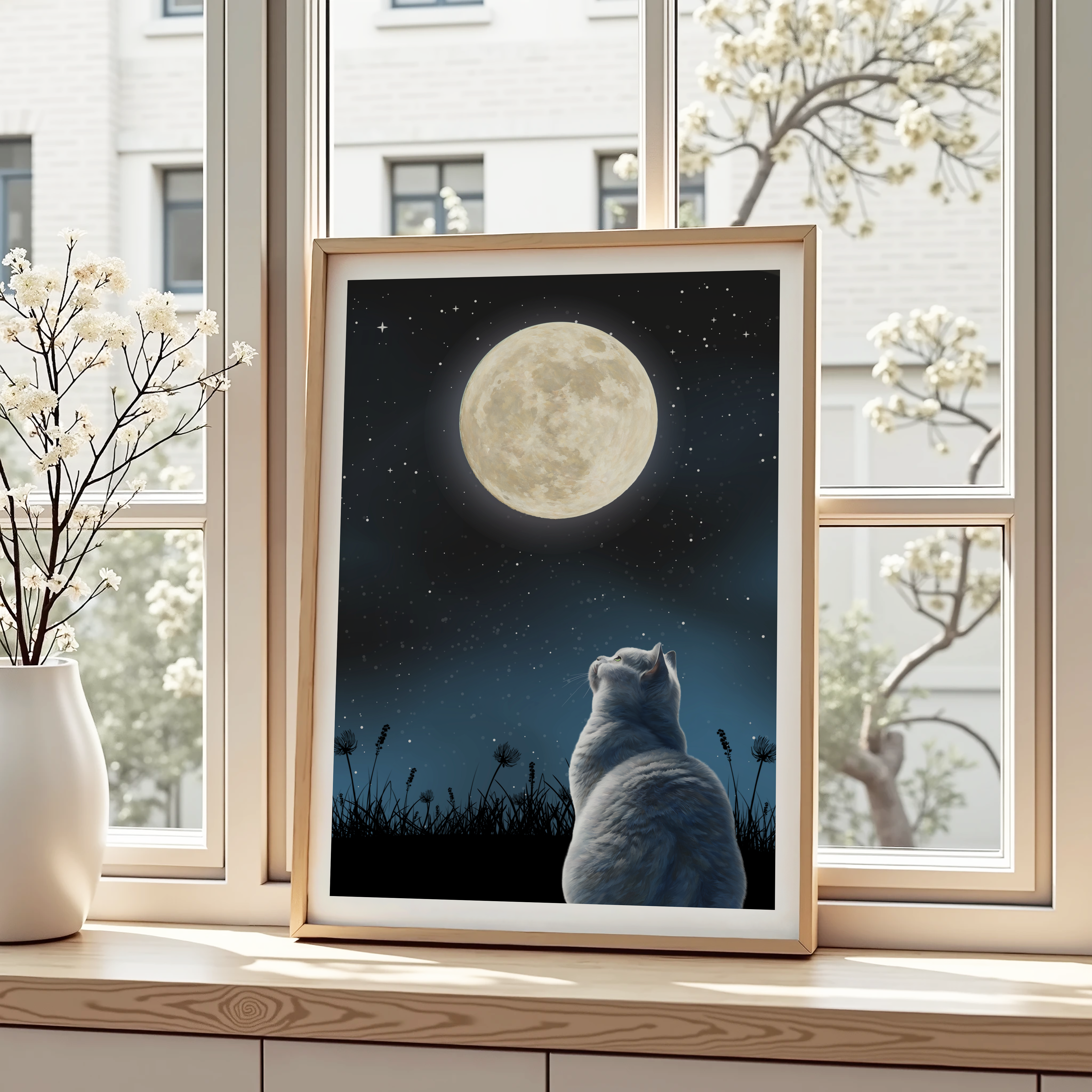 Unframed Moon Gazing Silver Cat Art Print