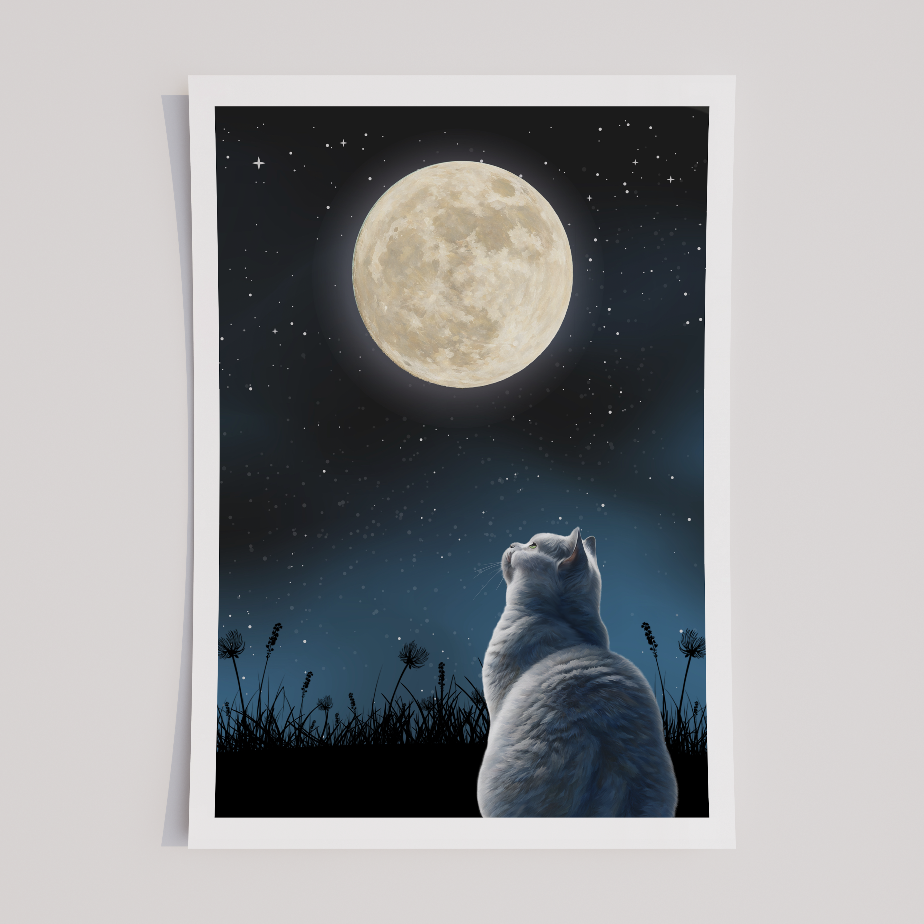 Unframed Moon Gazing Silver Cat Art Print