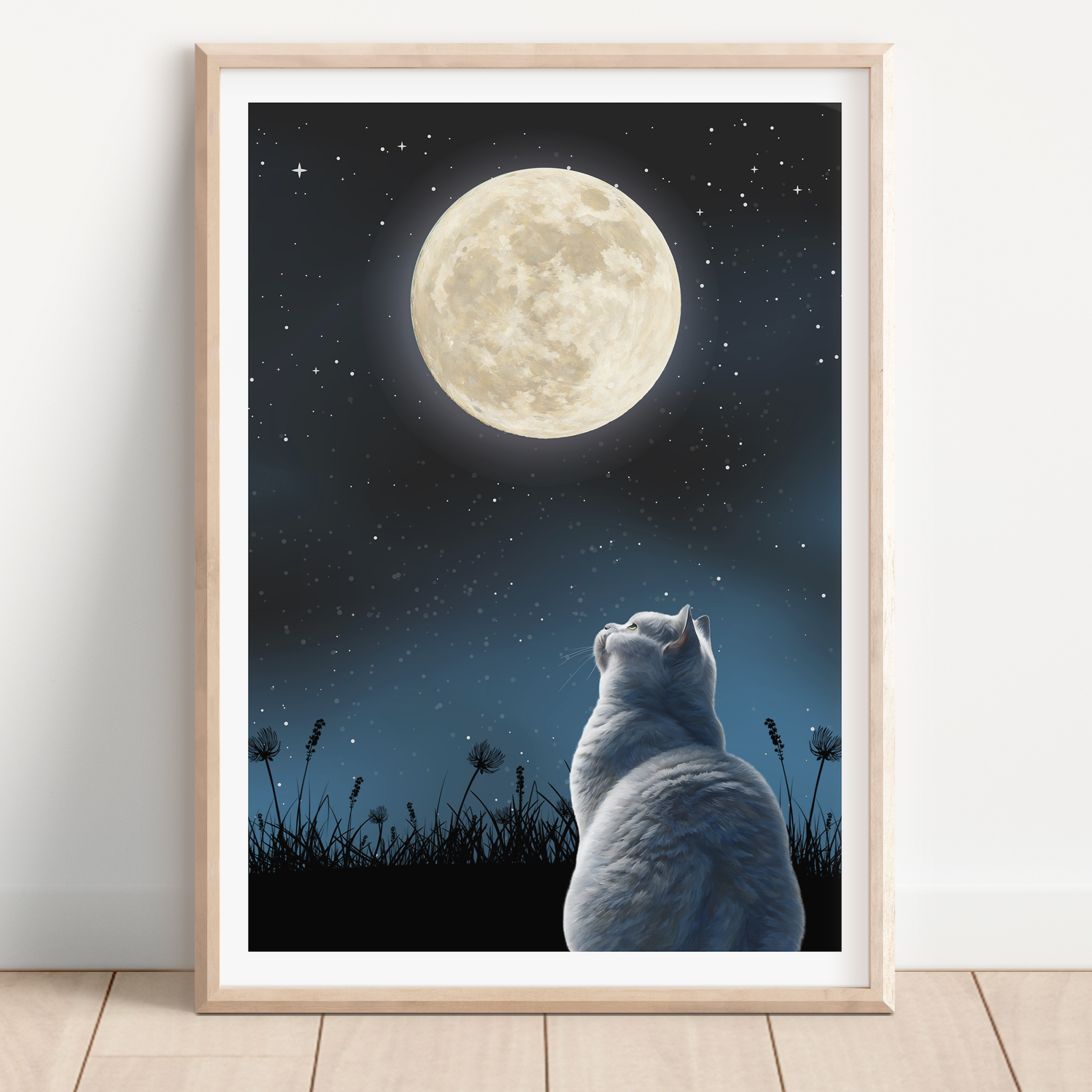 Unframed Moon Gazing Silver Cat Art Print