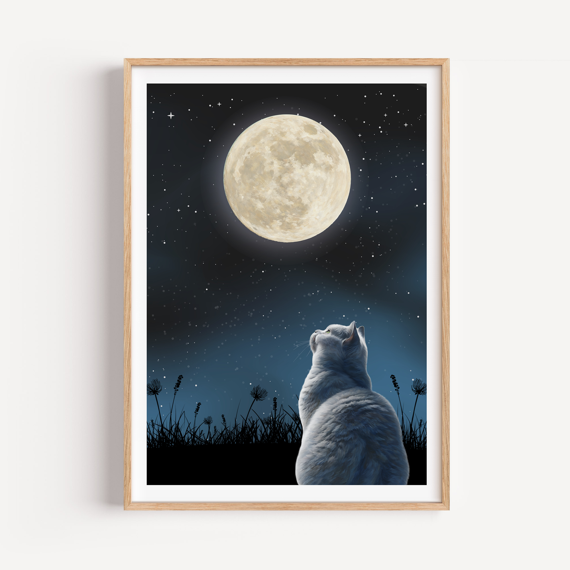Unframed Moon Gazing Silver Cat Art Print