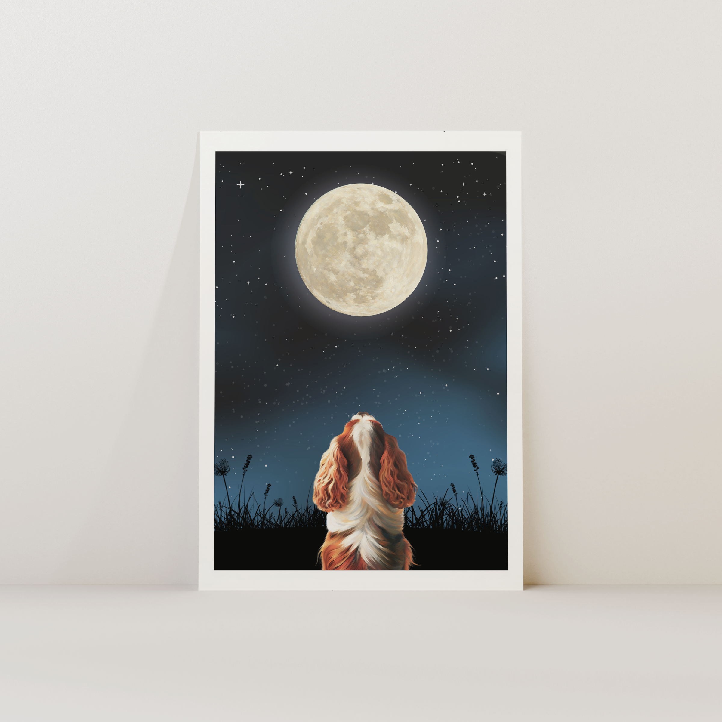 Unframed Moon Gazing King Charles Spaniel Art Print