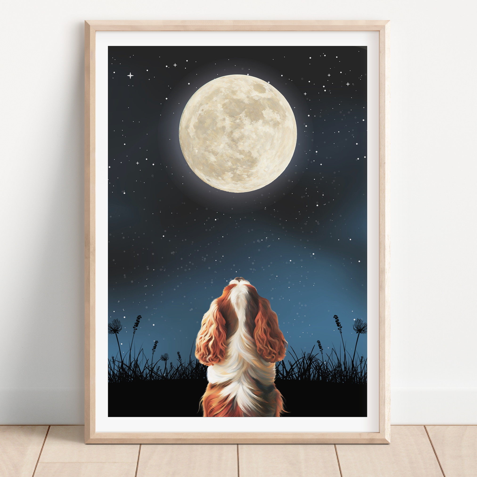 Unframed Moon Gazing King Charles Spaniel Art Print