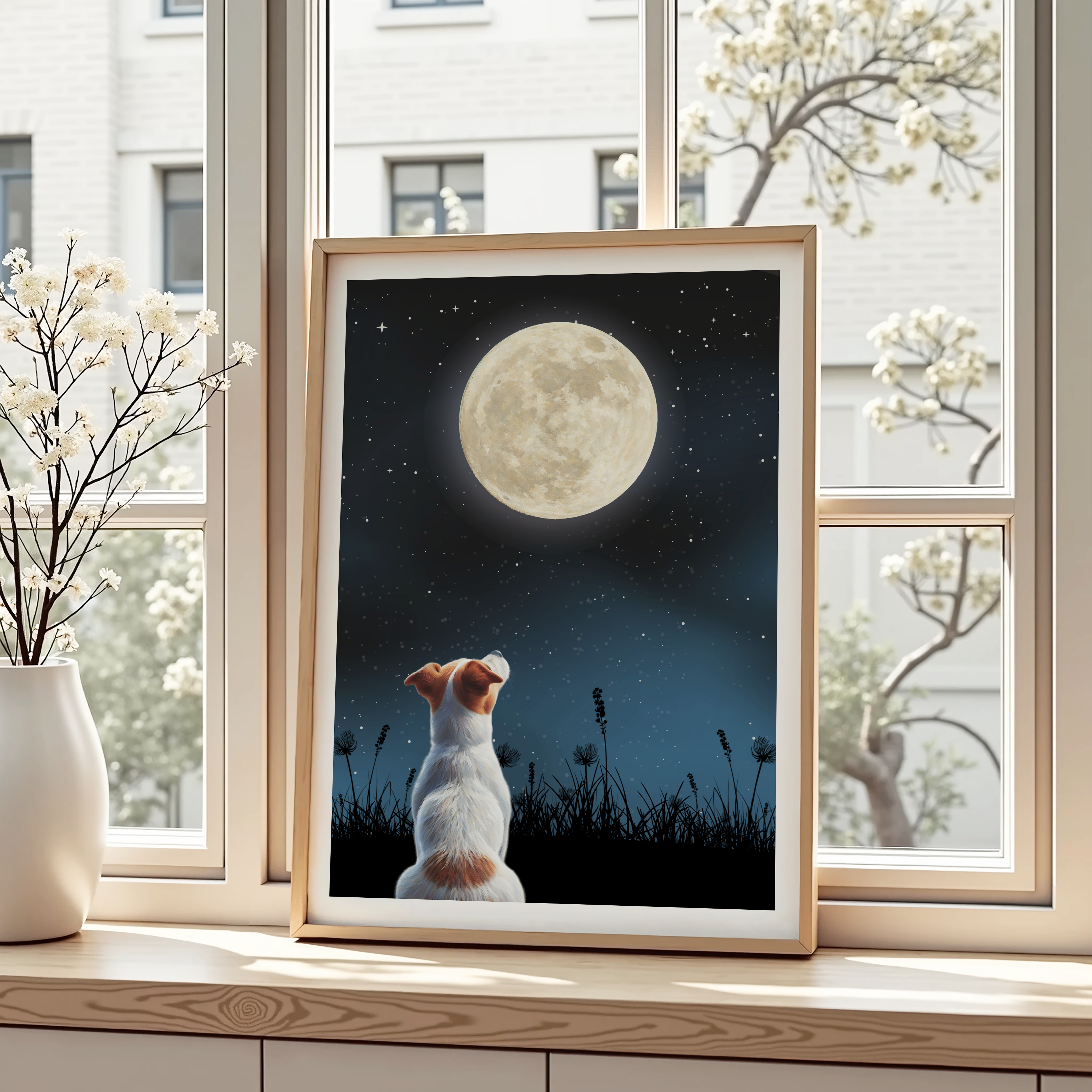 Unframed Moon Gazing Jack Russell Terrier Spaniel Art Print