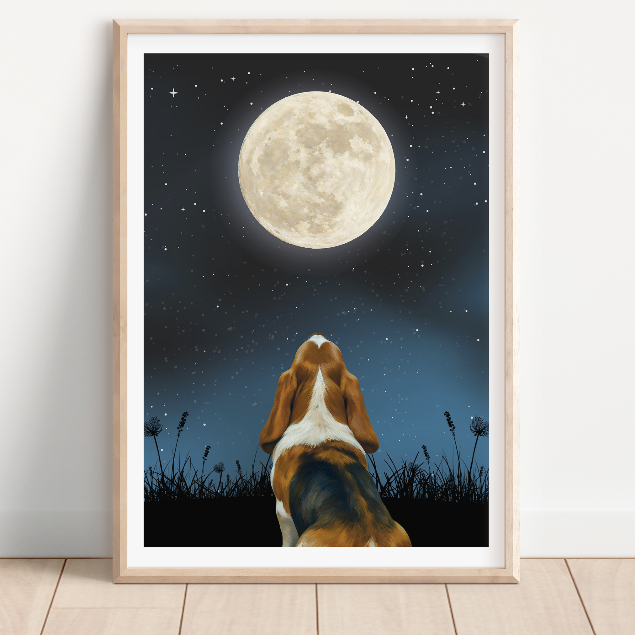 Unframed Moon Gazing Basset Hound Art Print