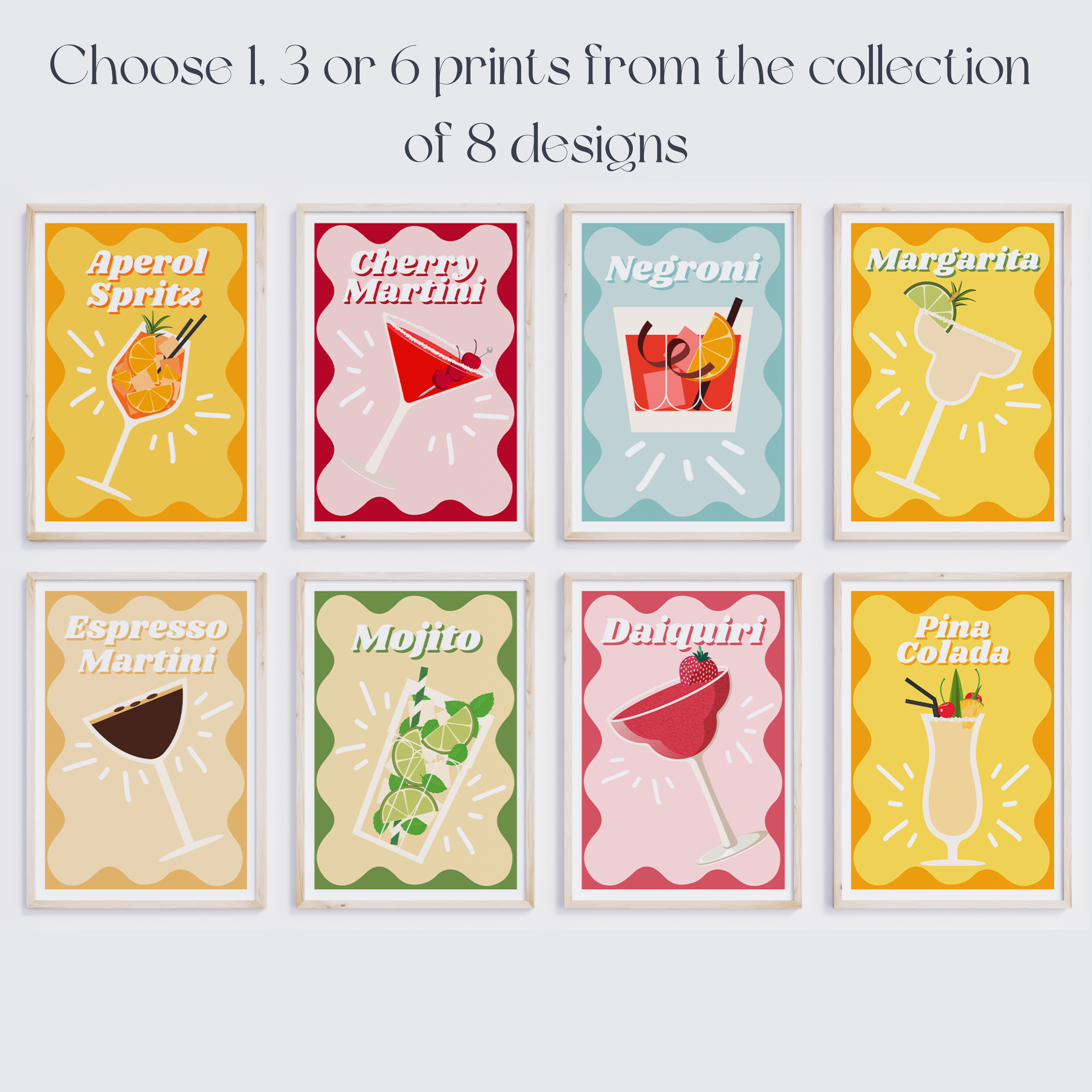 Unframed Cocktail Drinks Set of Prints / Poster Set Kitchen Art Prints - Choose 1, 3 or 6 Prints