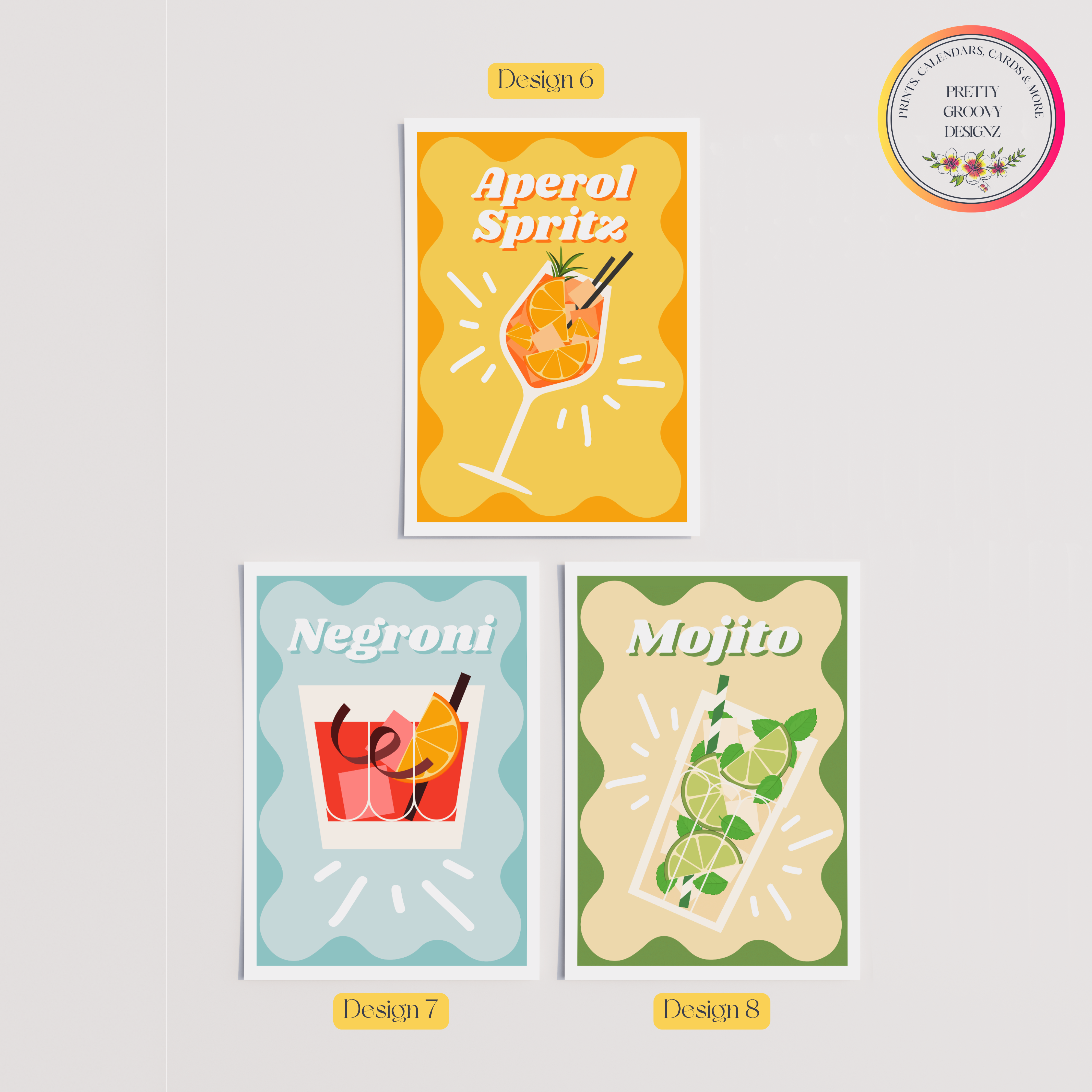 Unframed Cocktail Drinks Set of Prints / Poster Set Kitchen Art Prints - Choose 1, 3 or 6 Prints