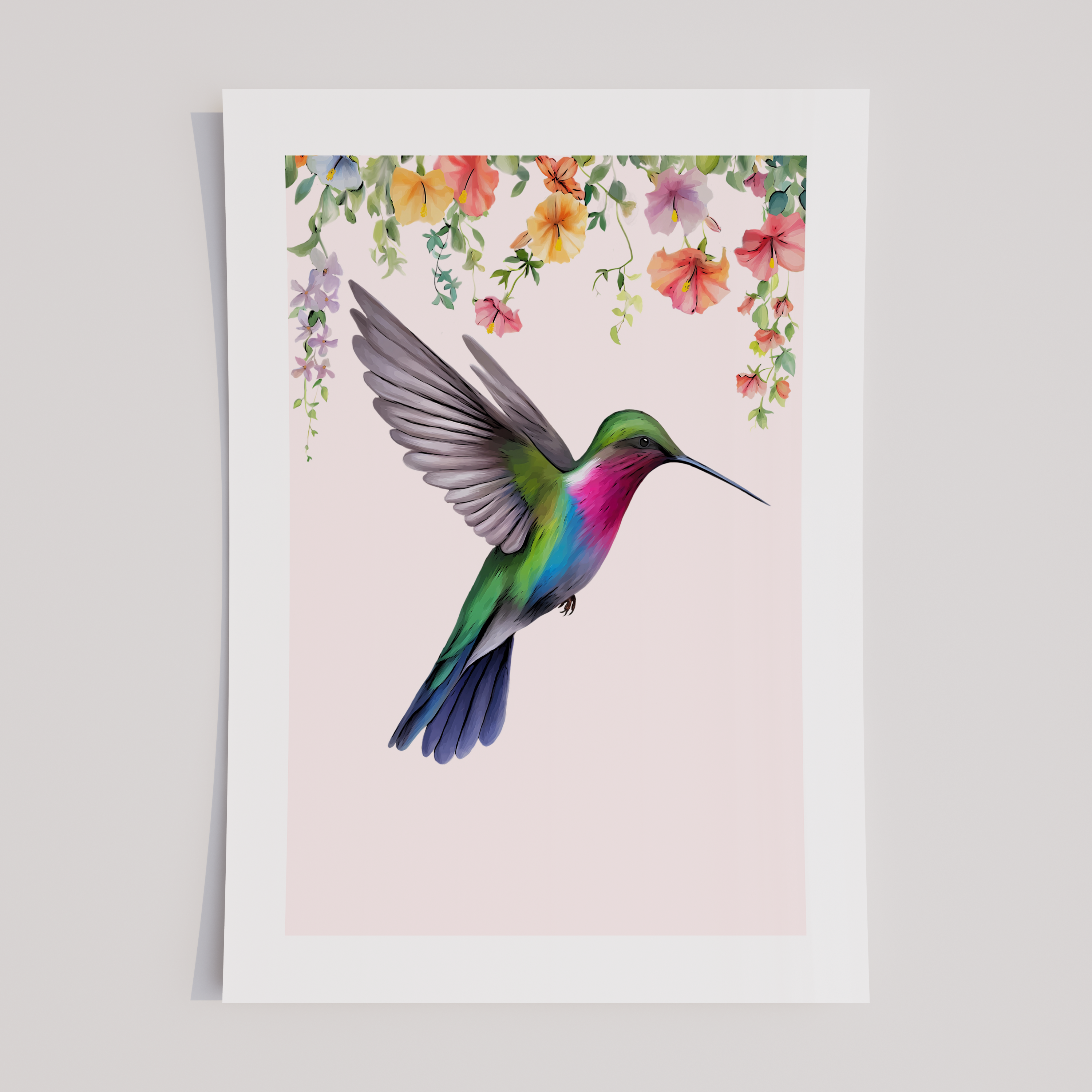 Unframed Hummingbird and Floral Wall Art Print - Colourful Flower and Bird Illustration 