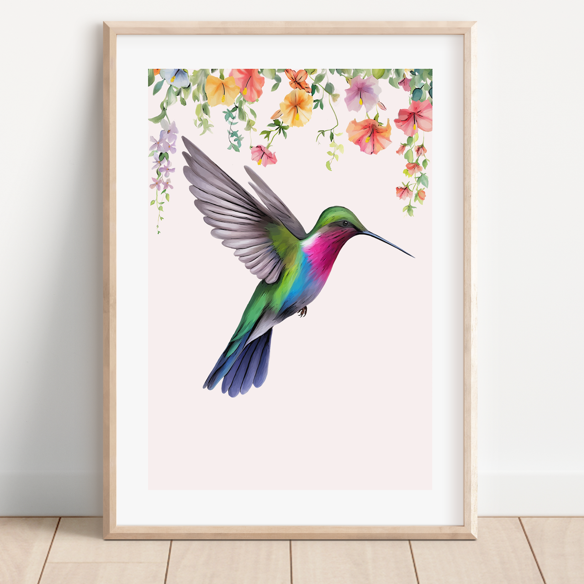 Unframed Hummingbird and Floral Wall Art Print - Colourful Flower and Bird Illustration 