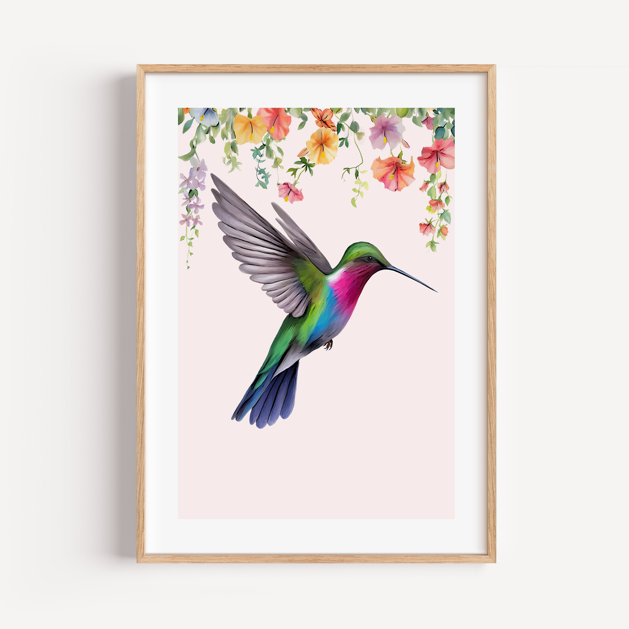 Unframed Hummingbird and Floral Wall Art Print - Colourful Flower and Bird Illustration 