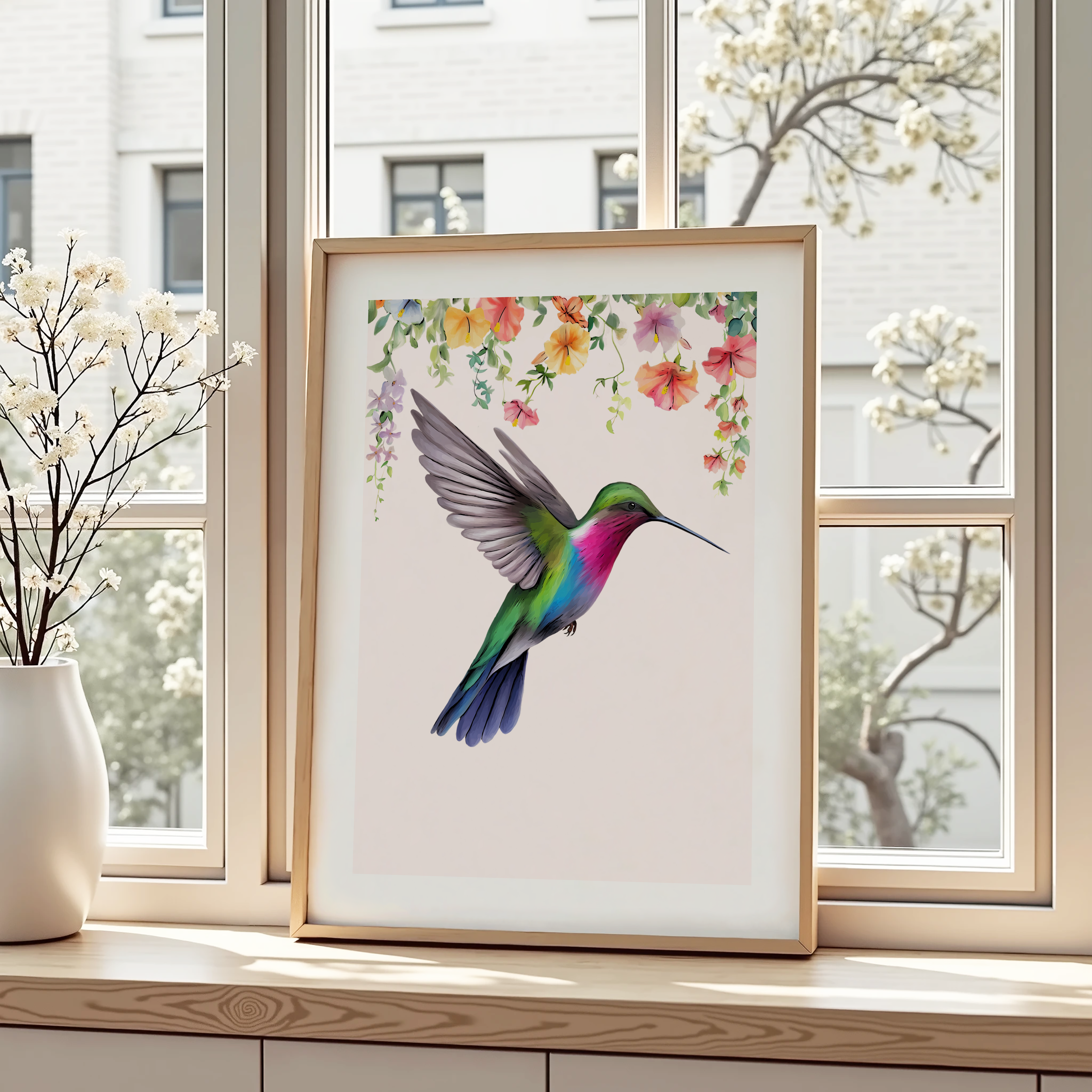 Unframed Hummingbird and Floral Wall Art Print - Colourful Flower and Bird Illustration 