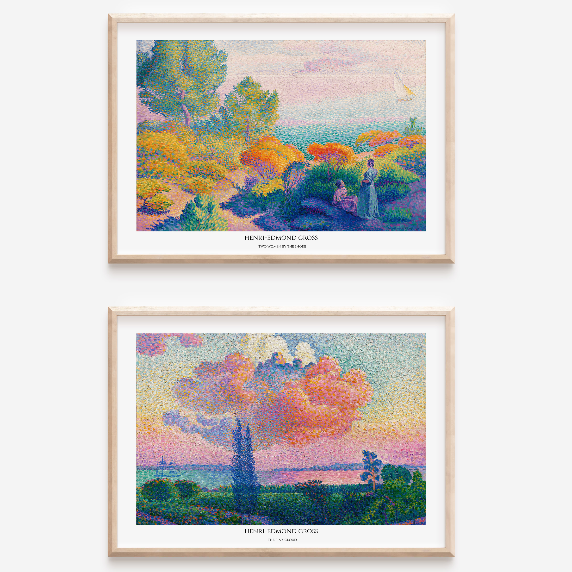 Unframed Henri-Edmond Cross Art Print Set – The Pink Cloud & Two Women by the Shore, Colourful Pointillism Wall Art