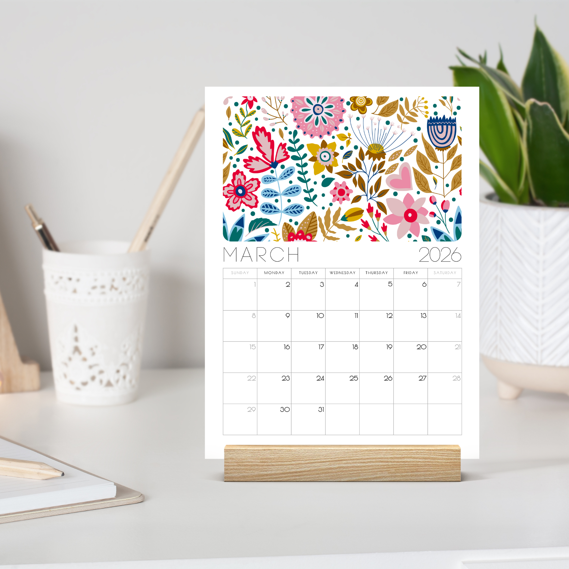 2026 Scandi Floral Folk Art Desk Calendar – Modern Botanical Art with or without wooden stand