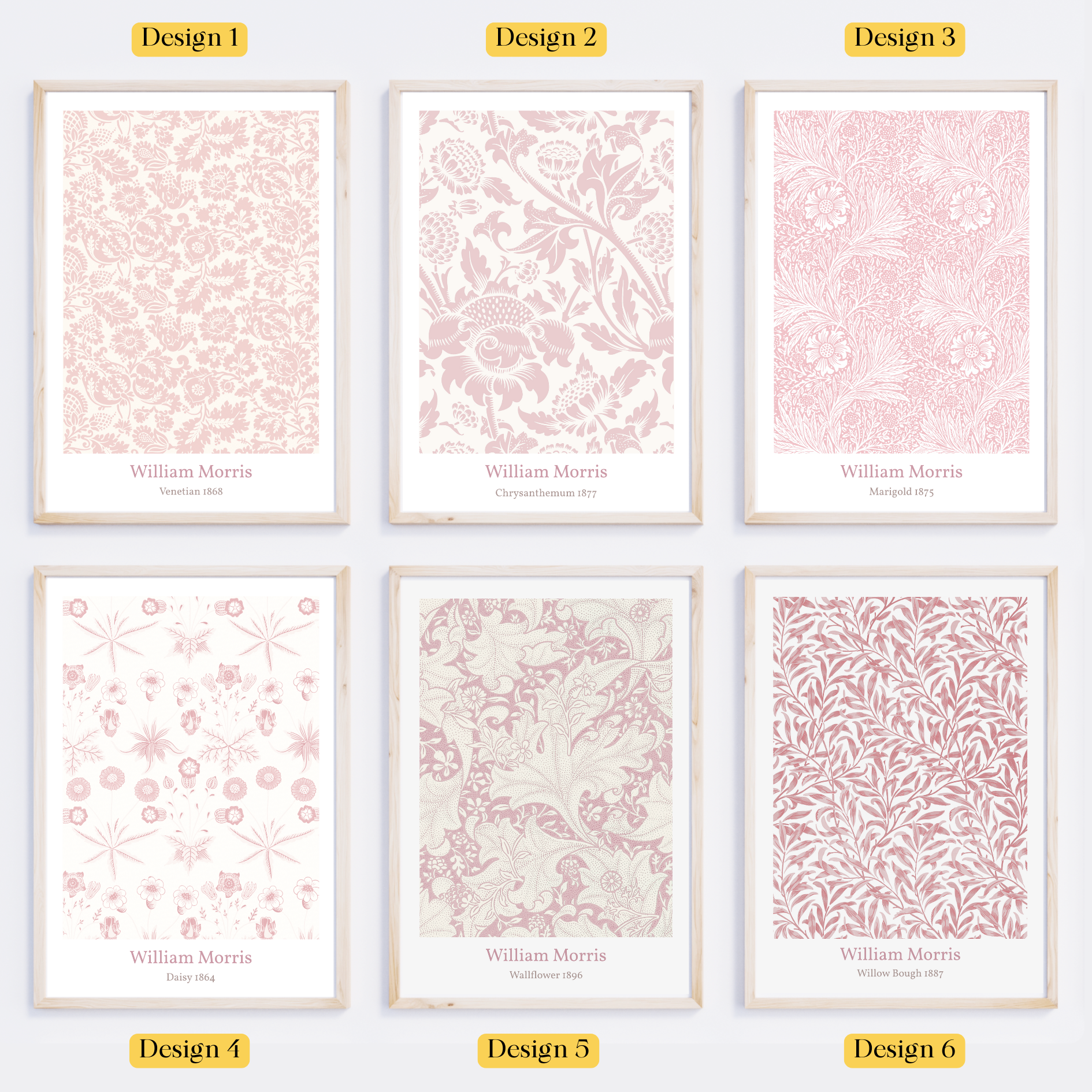 Unframed Blush Pink William Morris Art Prints Set – Vintage Botanical Floral Wall Decor (1, 3 or 6 Prints)