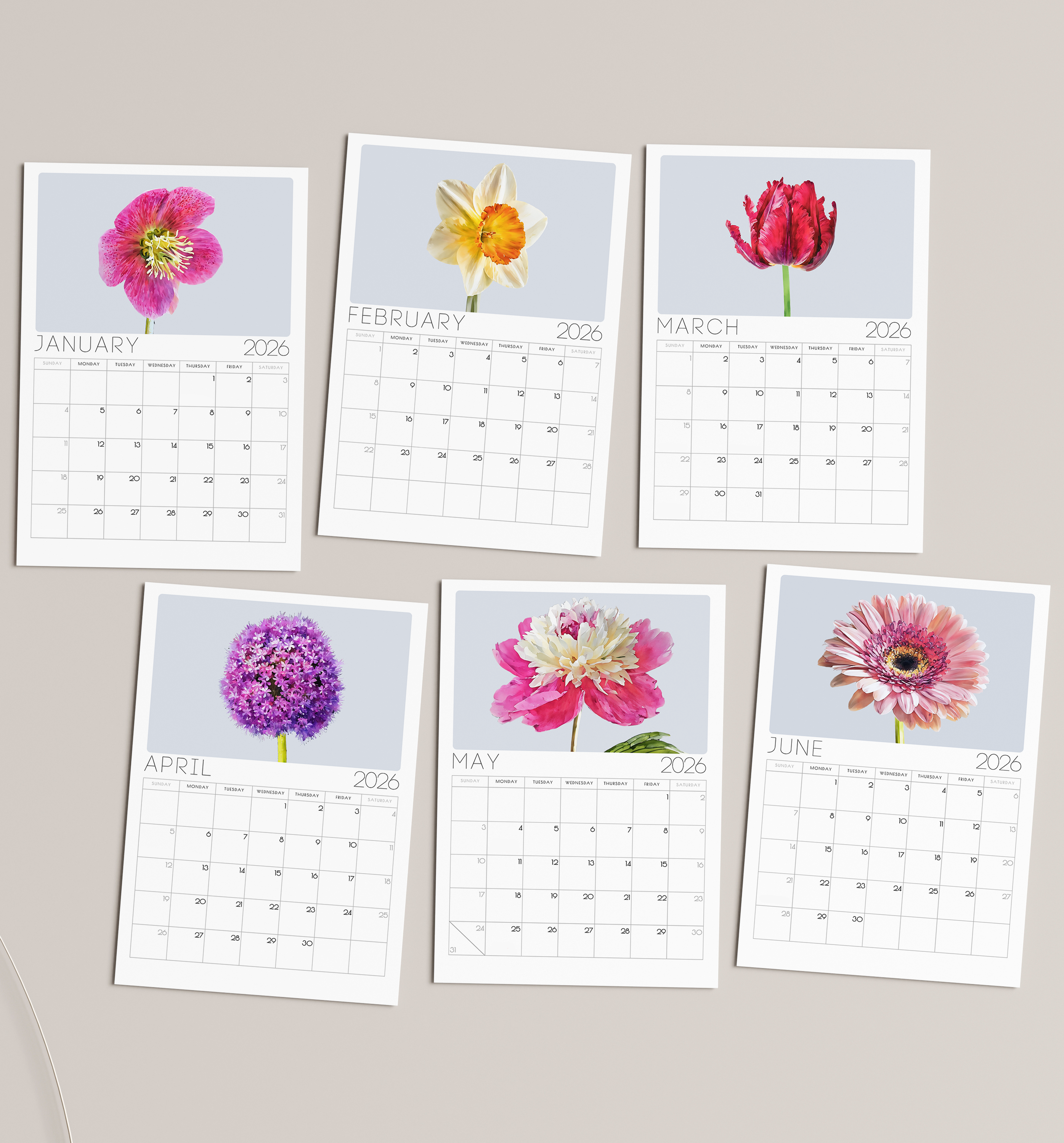 2026 Minimalist Floral Desk Calendar – Elegant Botanical Illustrations with or without wooden stand