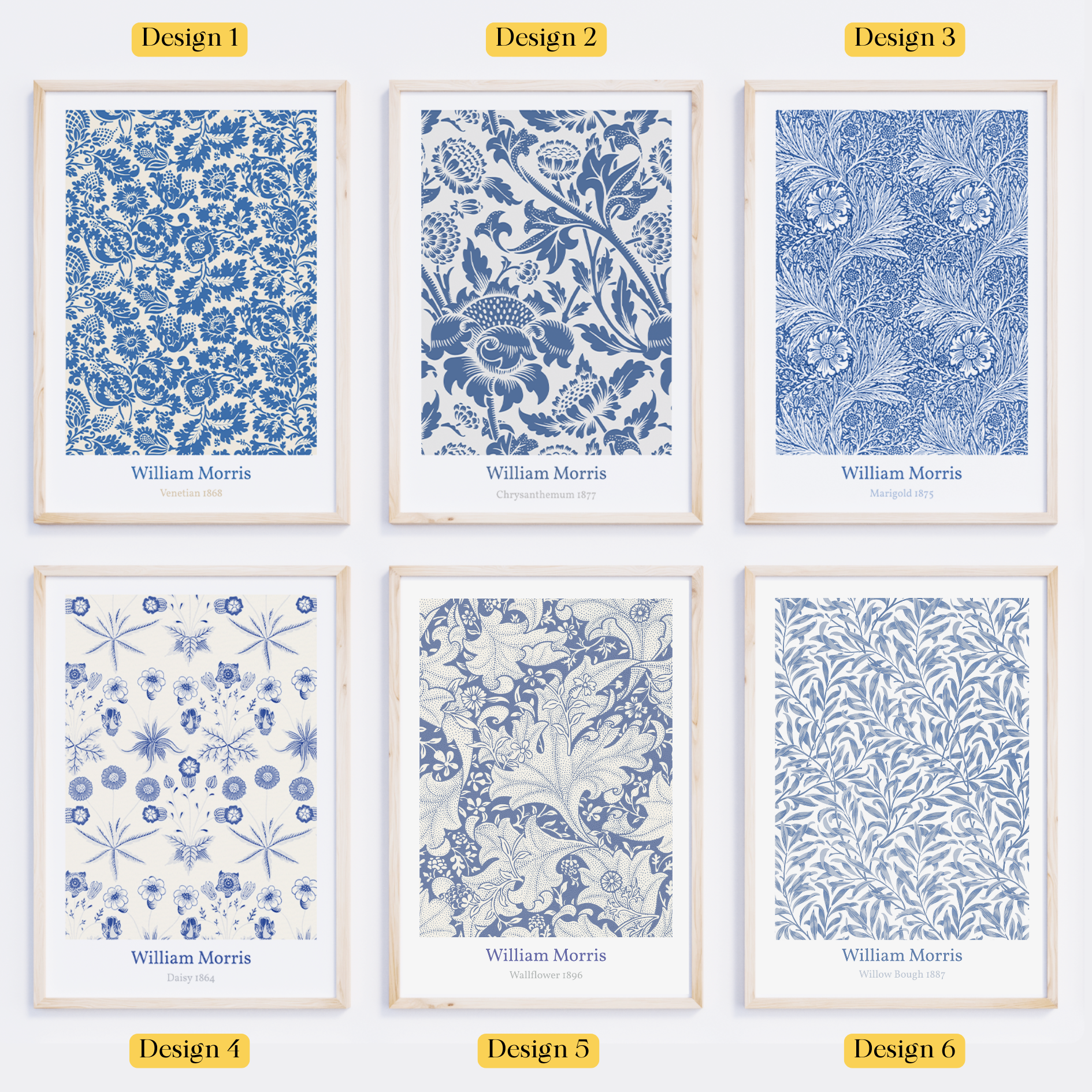 Unframed Blue William Morris Art Prints Set – Vintage Botanical Floral Wall Decor (1, 3 or 6 Prints)