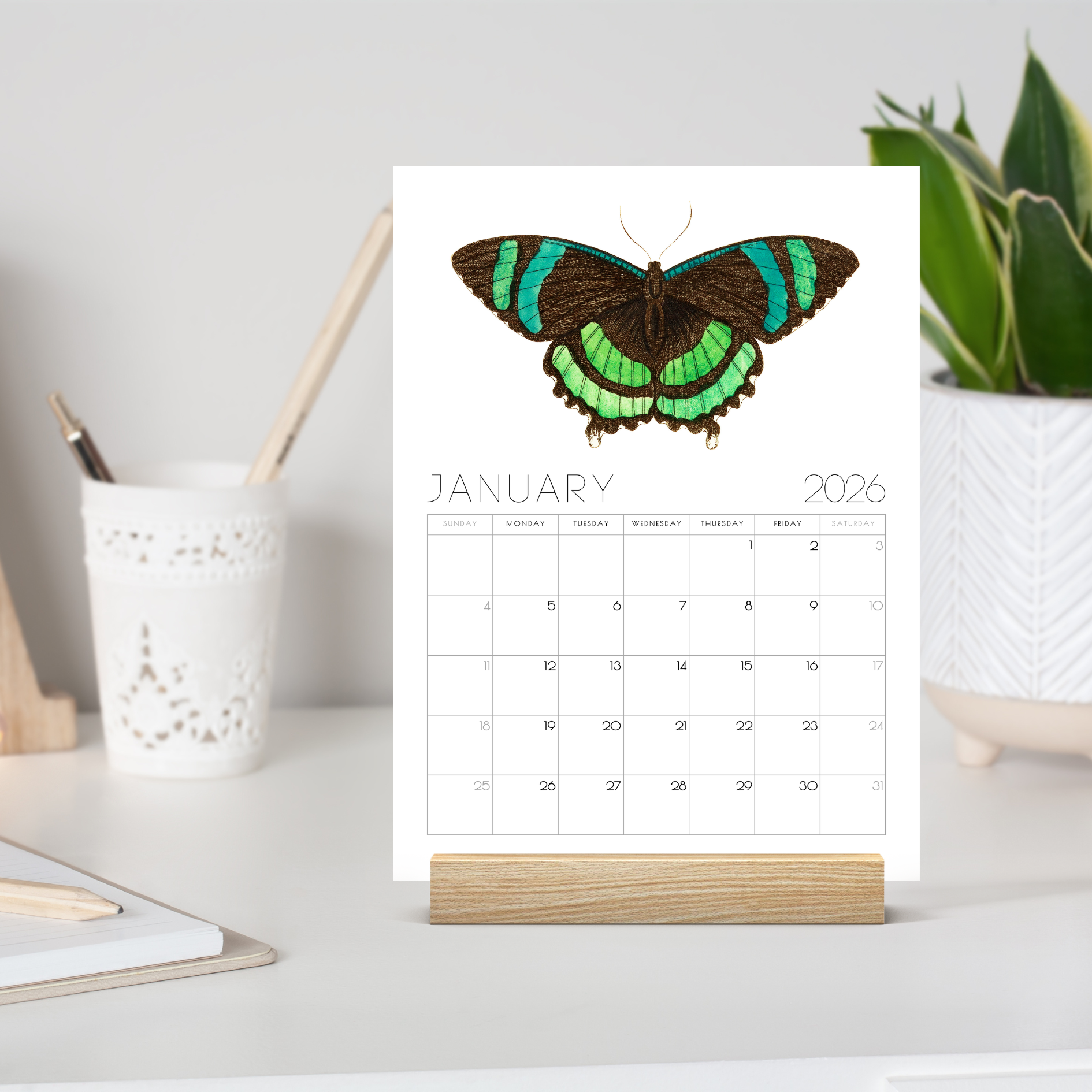 2026 Minimalist Vintage Butterfly Art Desk Calendar – Vintage Wildlife Art Calendar with or without wooden stand 