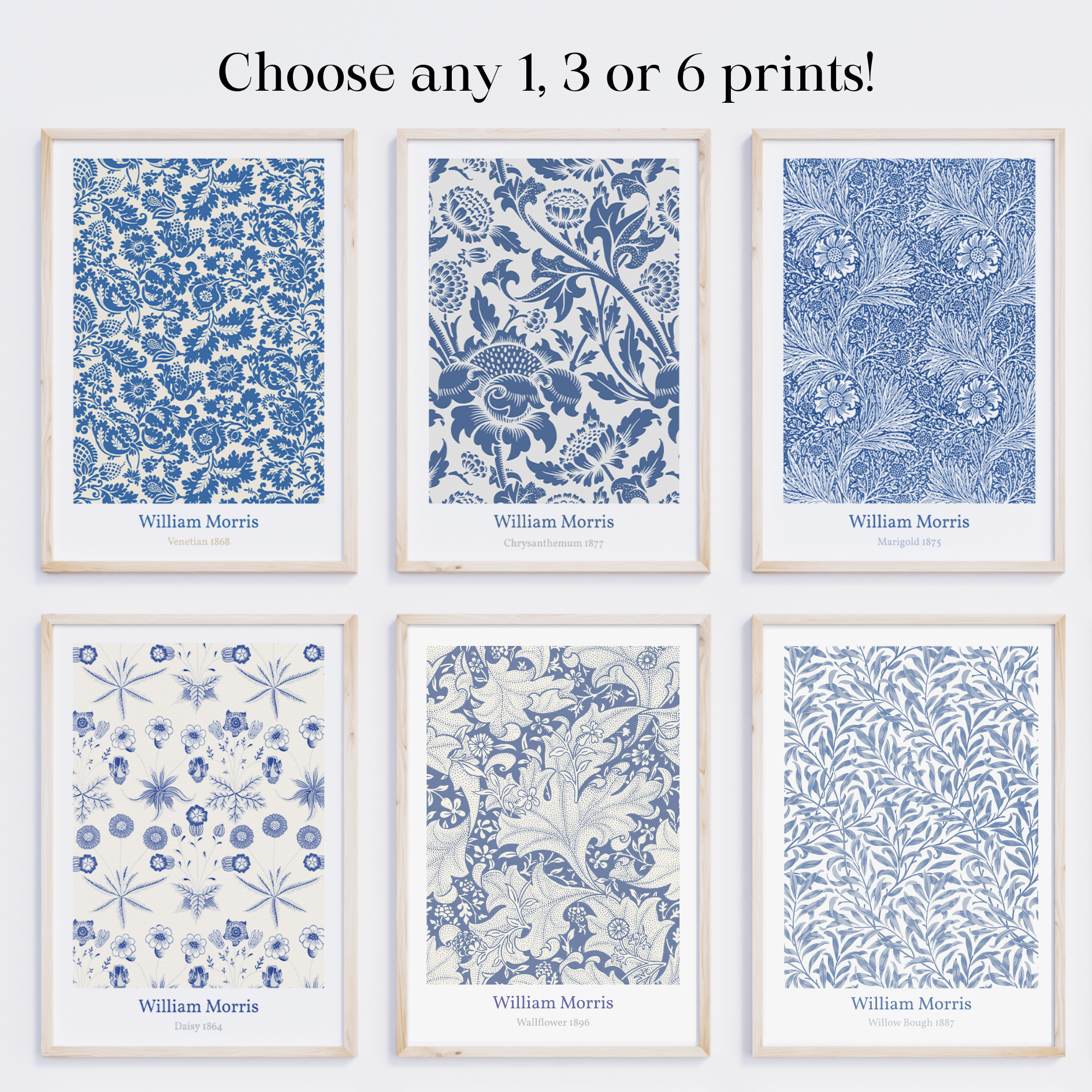 Unframed Blue William Morris Art Prints Set – Vintage Botanical Floral Wall Decor (1, 3 or 6 Prints)