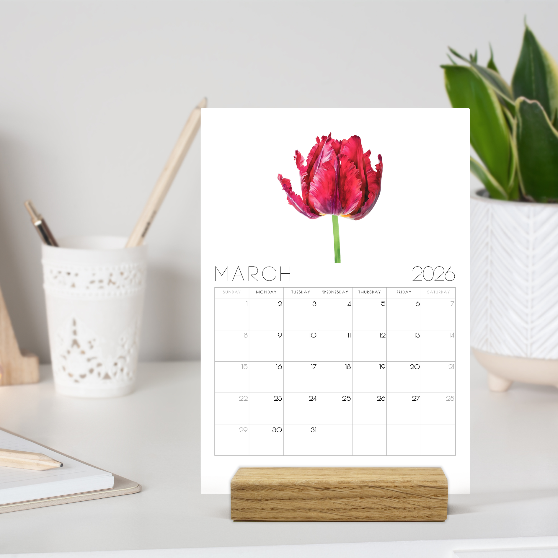 2026 Minimalist Floral Desk Calendar – Elegant Botanical Illustrations with or without wooden stand