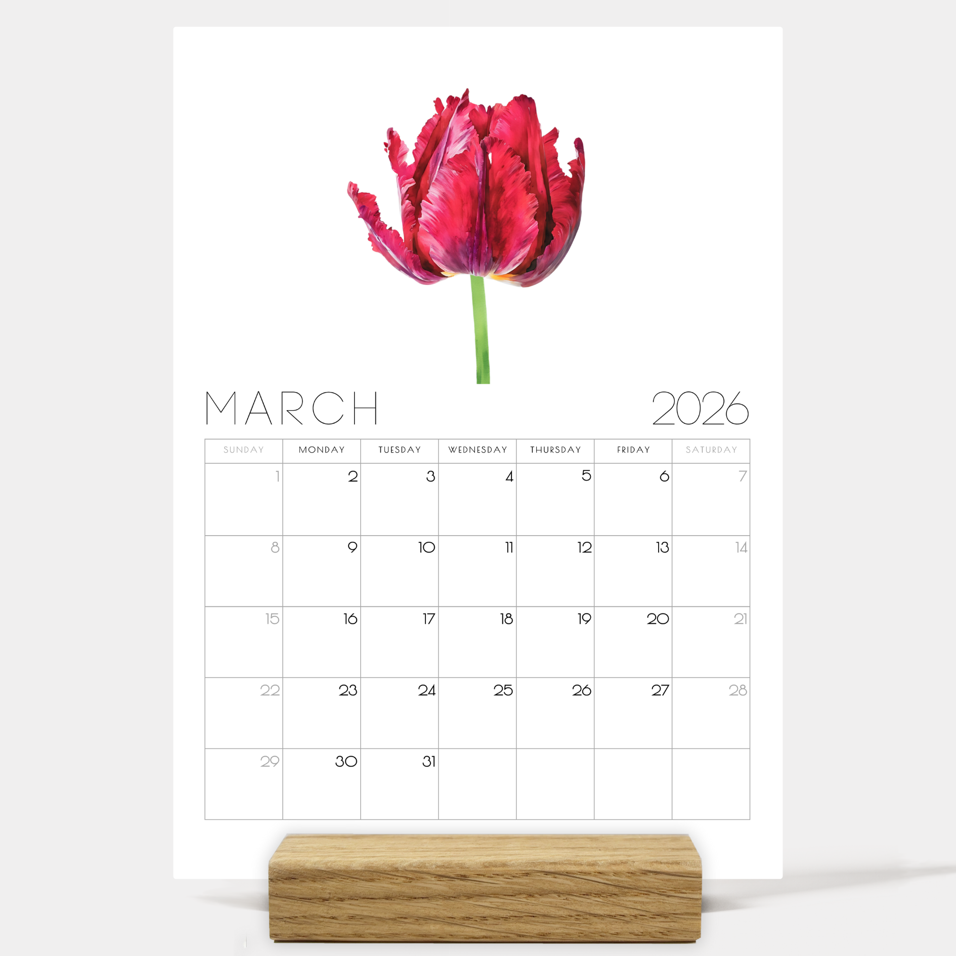 2026 Minimalist Floral Desk Calendar – Elegant Botanical Illustrations with or without wooden stand