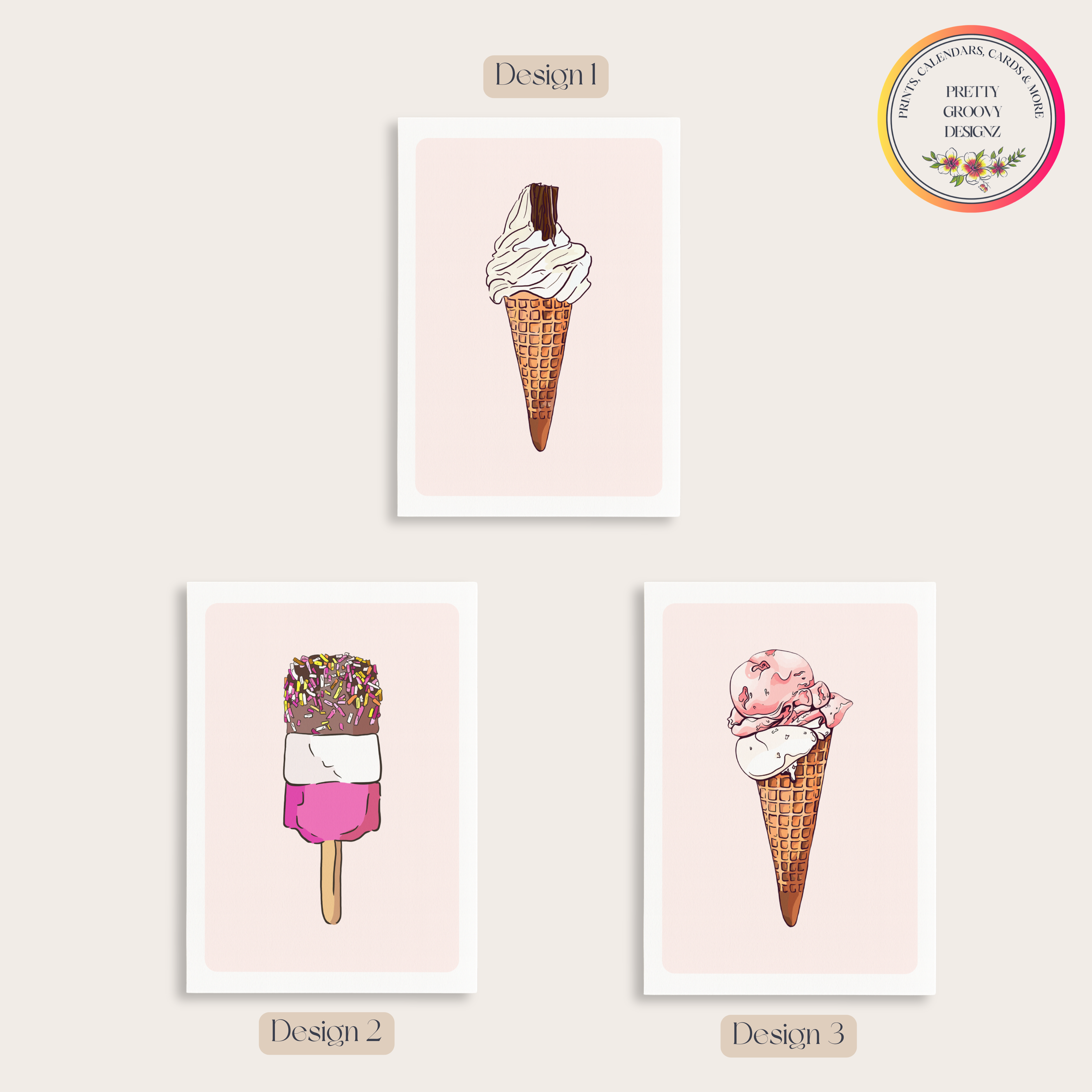 Unframed Retro Ice Cream Wall Art Trio Print Set