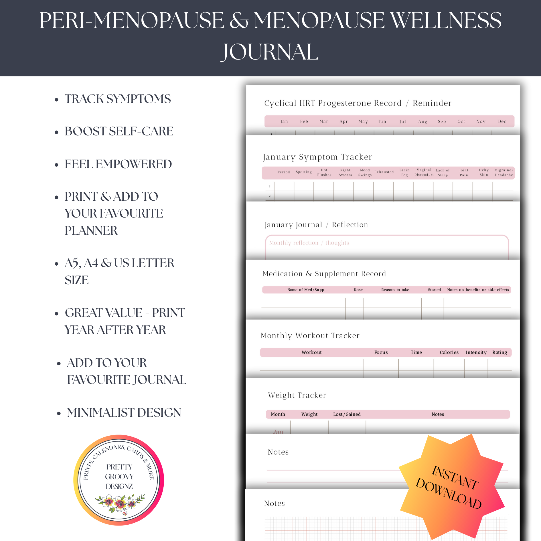 Printable Menopause Journal | Symptom Tracker & Self-Care Planner for Women’s Health
