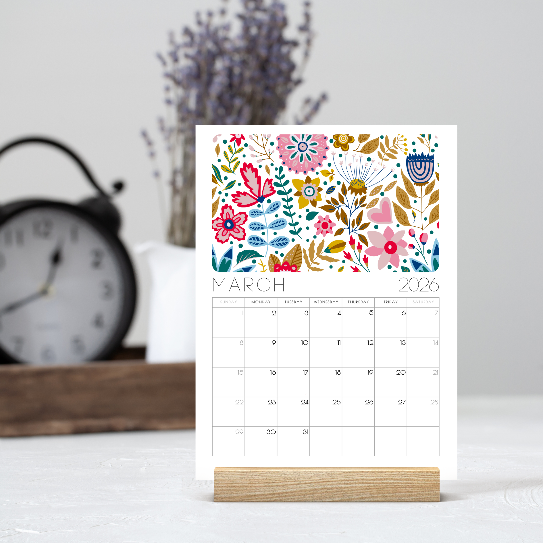 2026 Scandi Floral Folk Art Desk Calendar – Modern Botanical Art with or without wooden stand