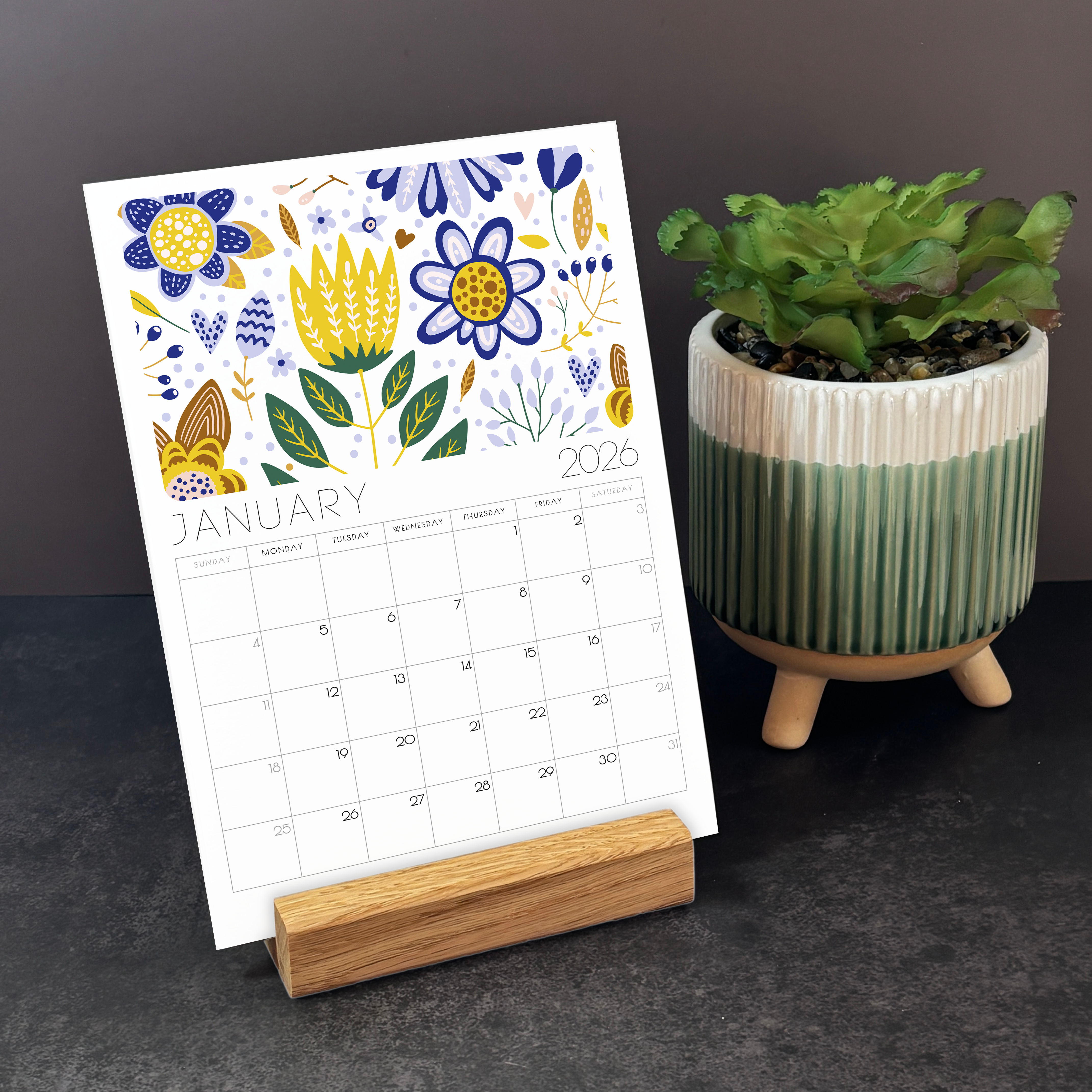2026 Scandi Floral Folk Art Desk Calendar – Modern Botanical Art with or without wooden stand