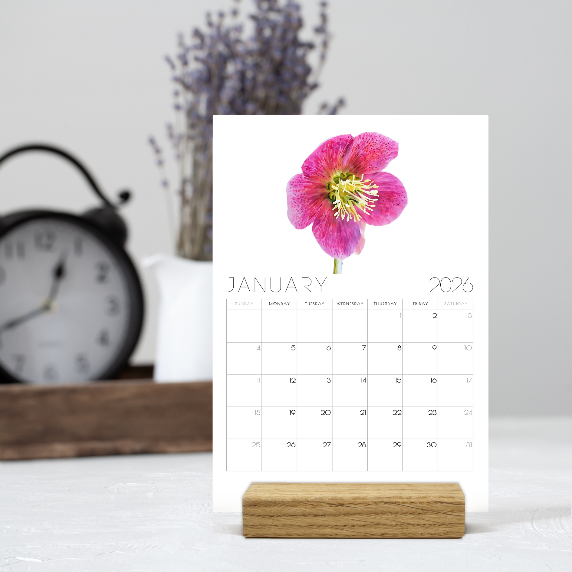 2026 Minimalist Floral Desk Calendar – Elegant Botanical Illustrations with or without wooden stand