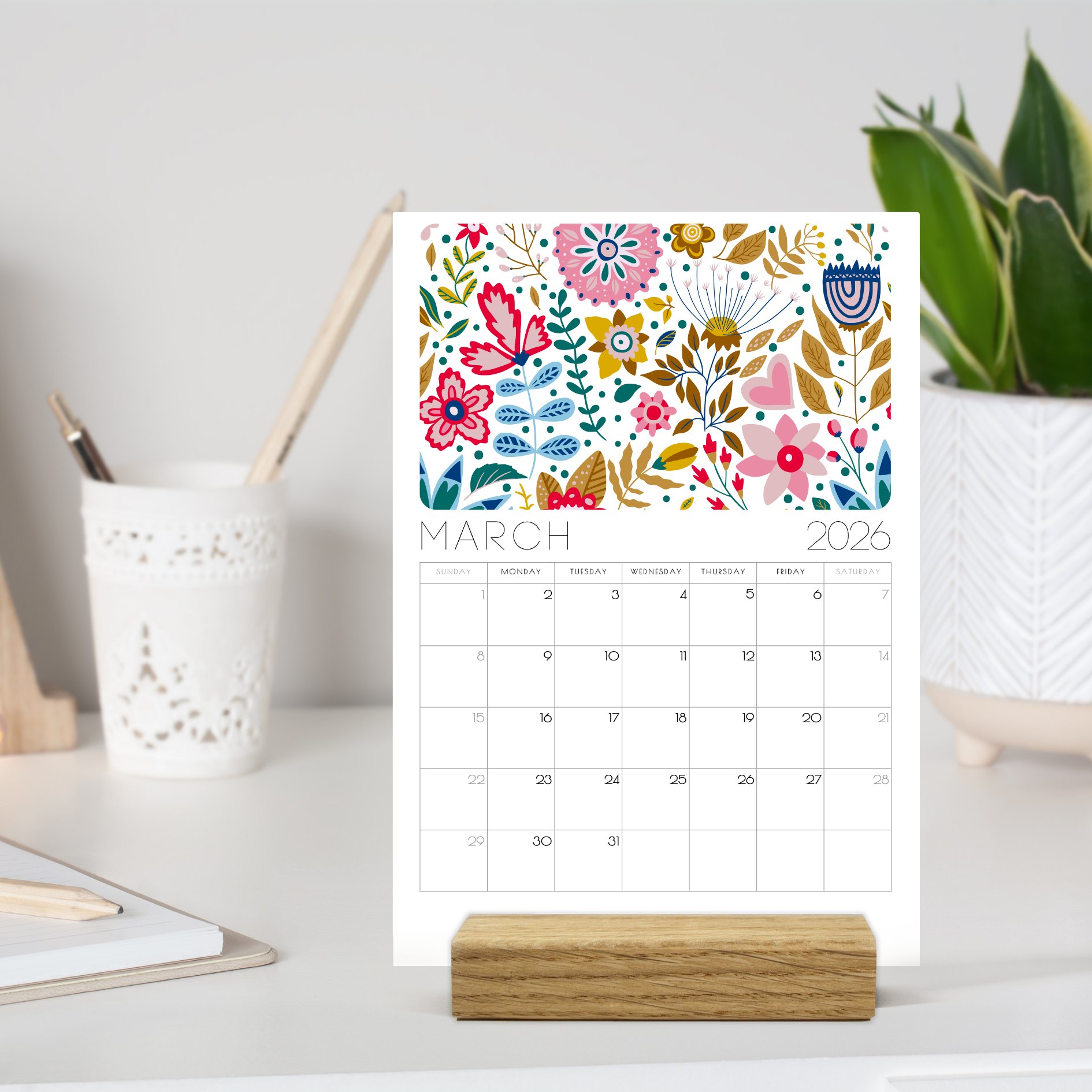 2026 Scandi Floral Folk Art Desk Calendar – Modern Botanical Art with or without wooden stand