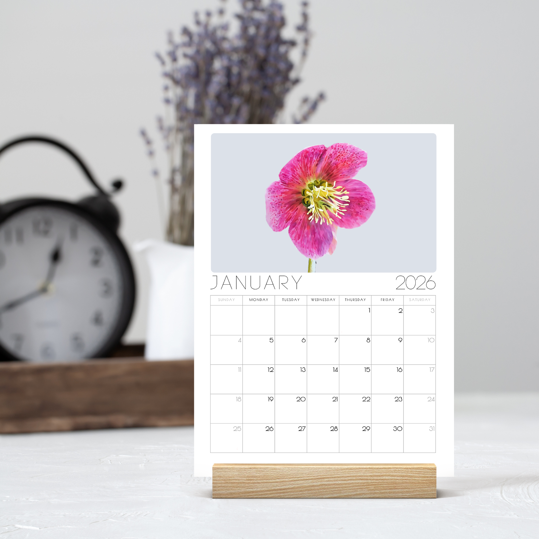 2026 Minimalist Floral Desk Calendar – Elegant Botanical Illustrations with or without wooden stand