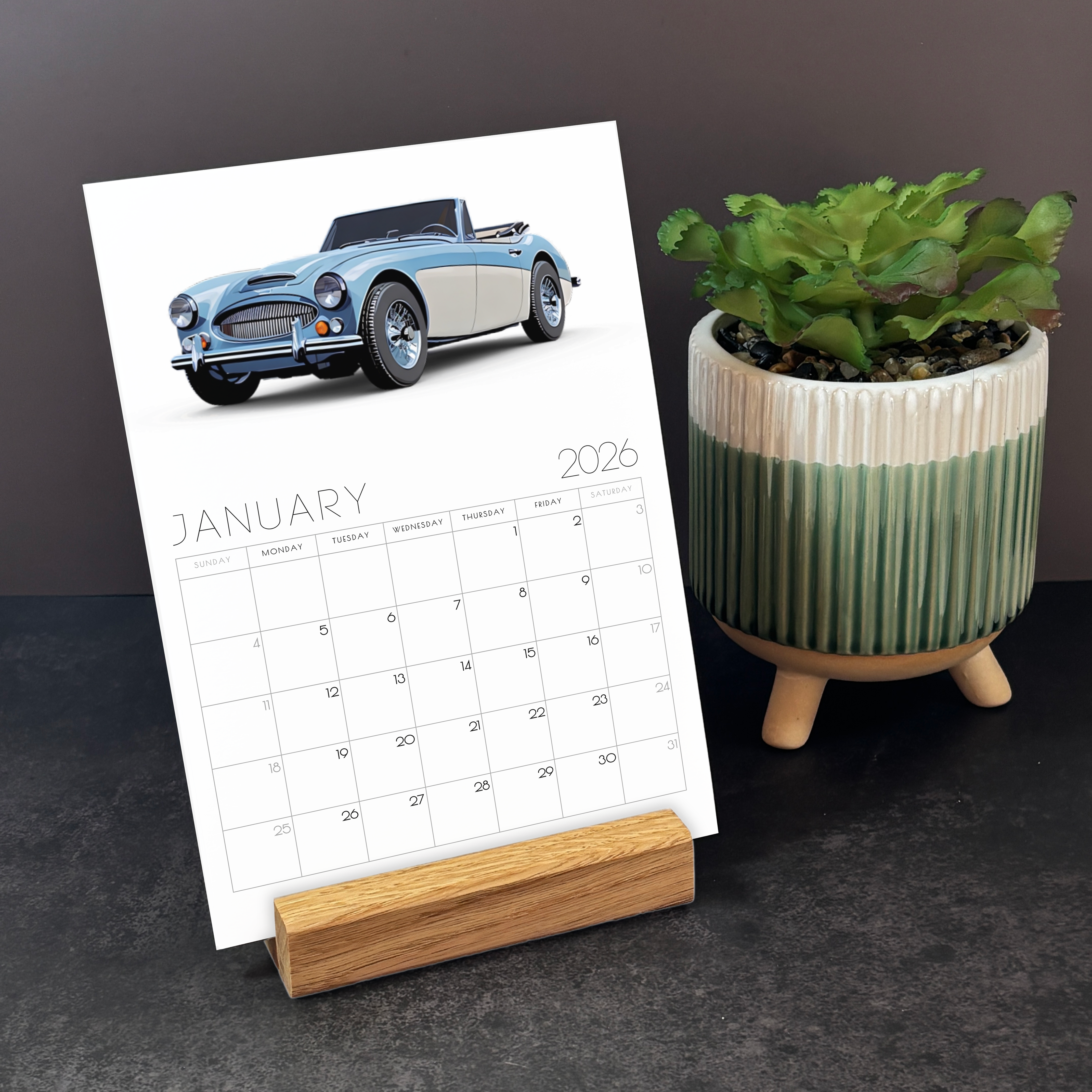 2026 Classic Car Desk Calendar – with or without wooden stand