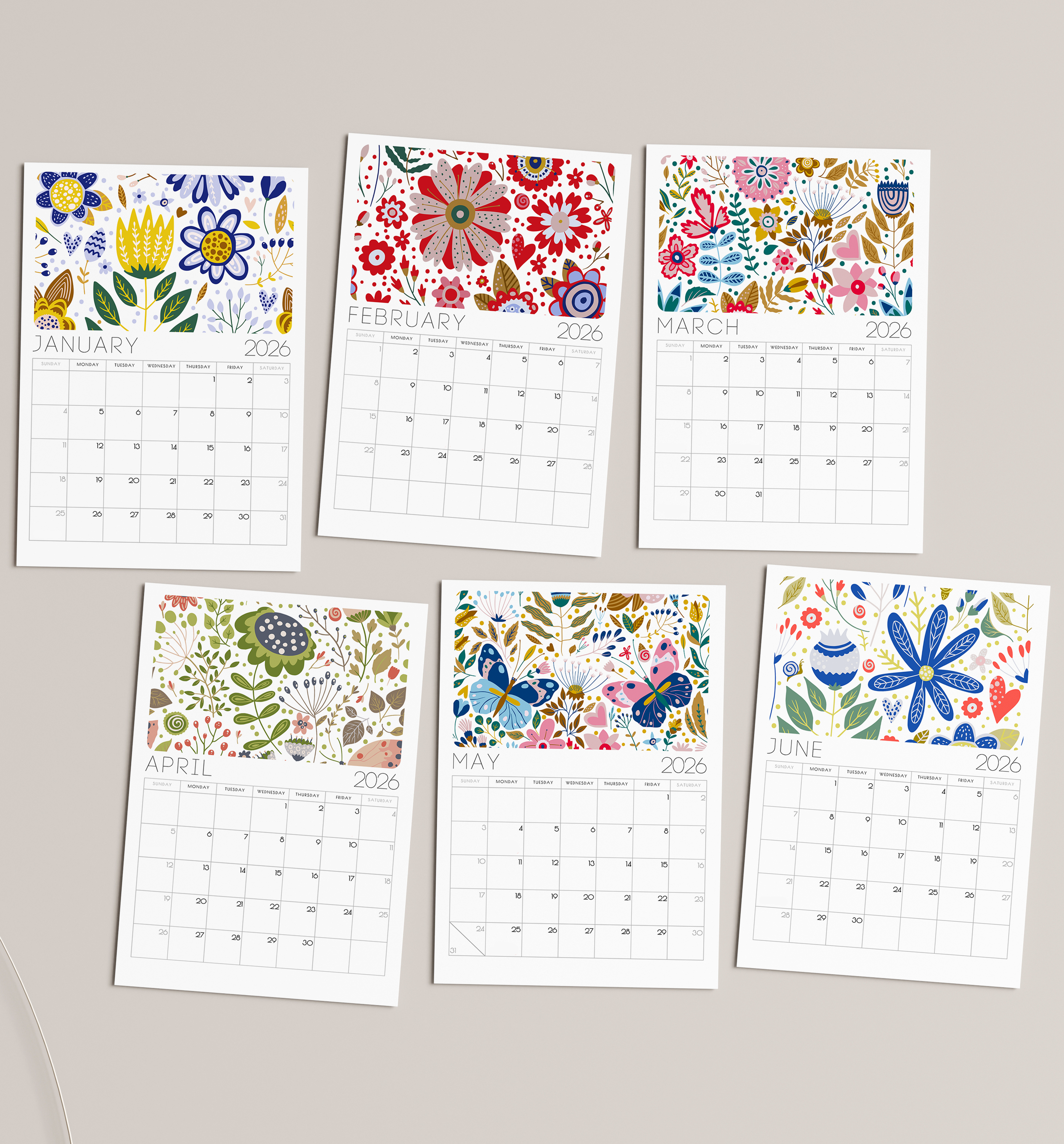 2026 Scandi Floral Folk Art Desk Calendar – Modern Botanical Art with or without wooden stand
