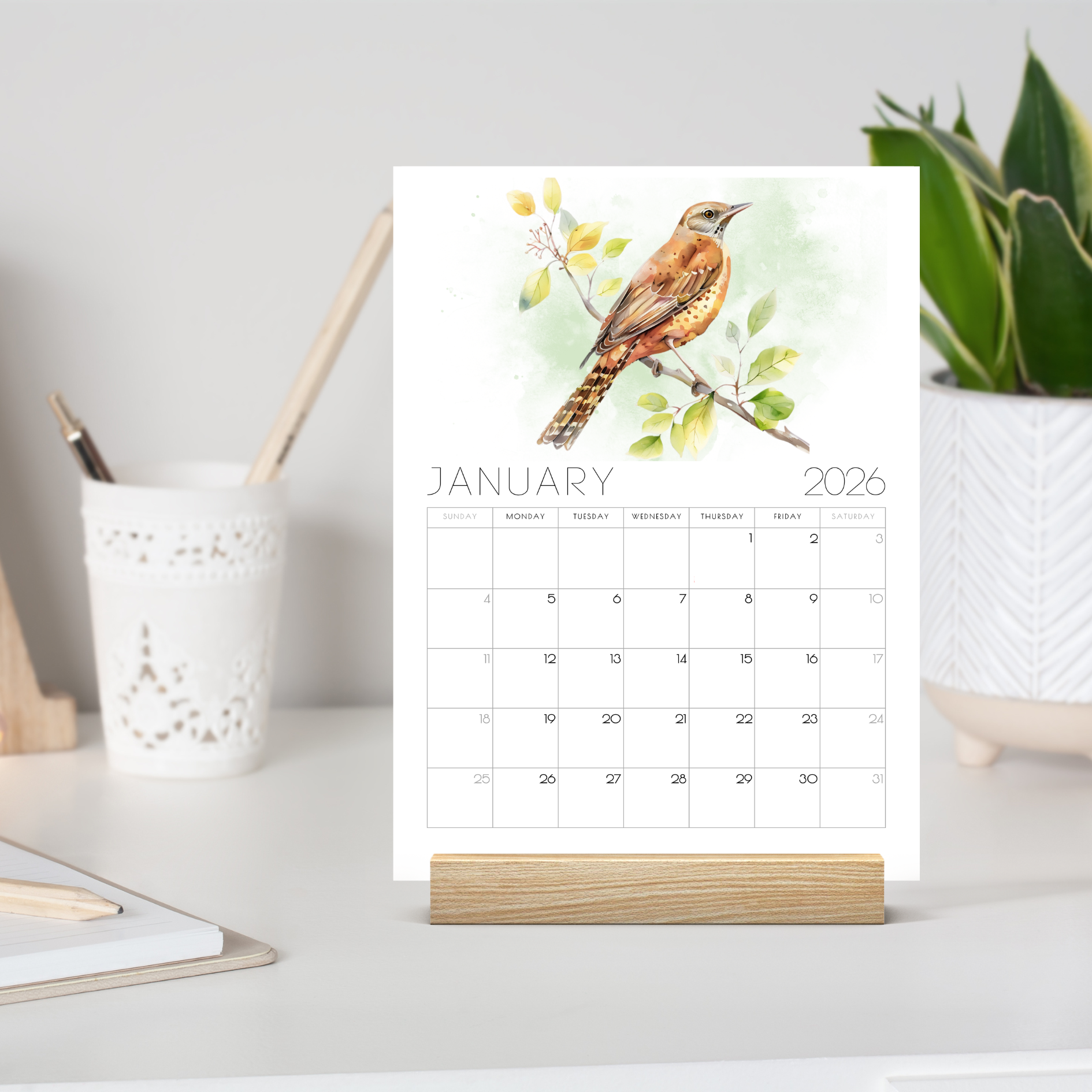 2026 Minimalist British Bird Desk Calendar – Elegant Desk Calendar with or without wooden stand 