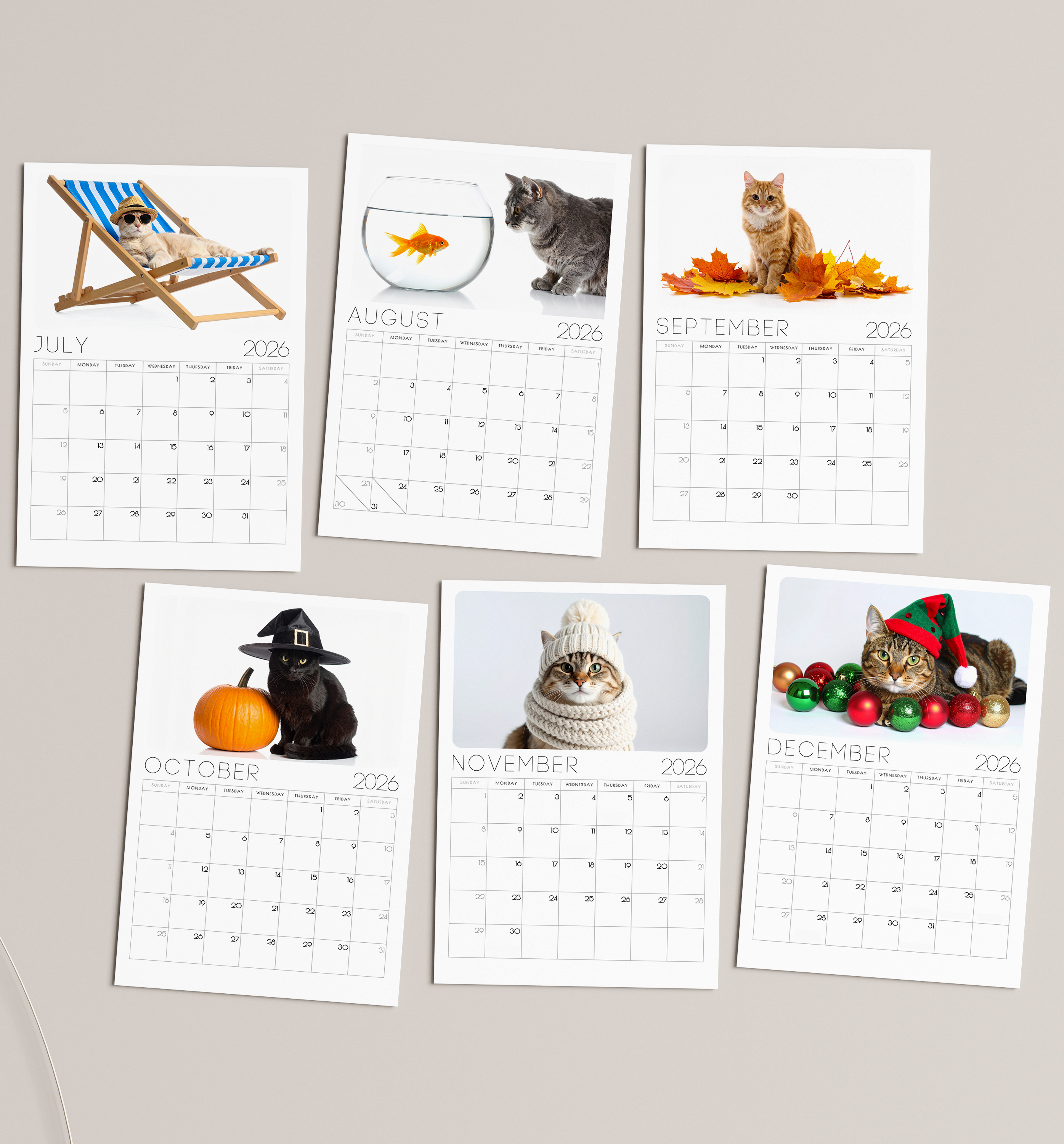 2026 Minimalist Cat Desk Calendar – Modern Cat Art with Optional Wooden Stand | Cute Gift for Cat Lovers