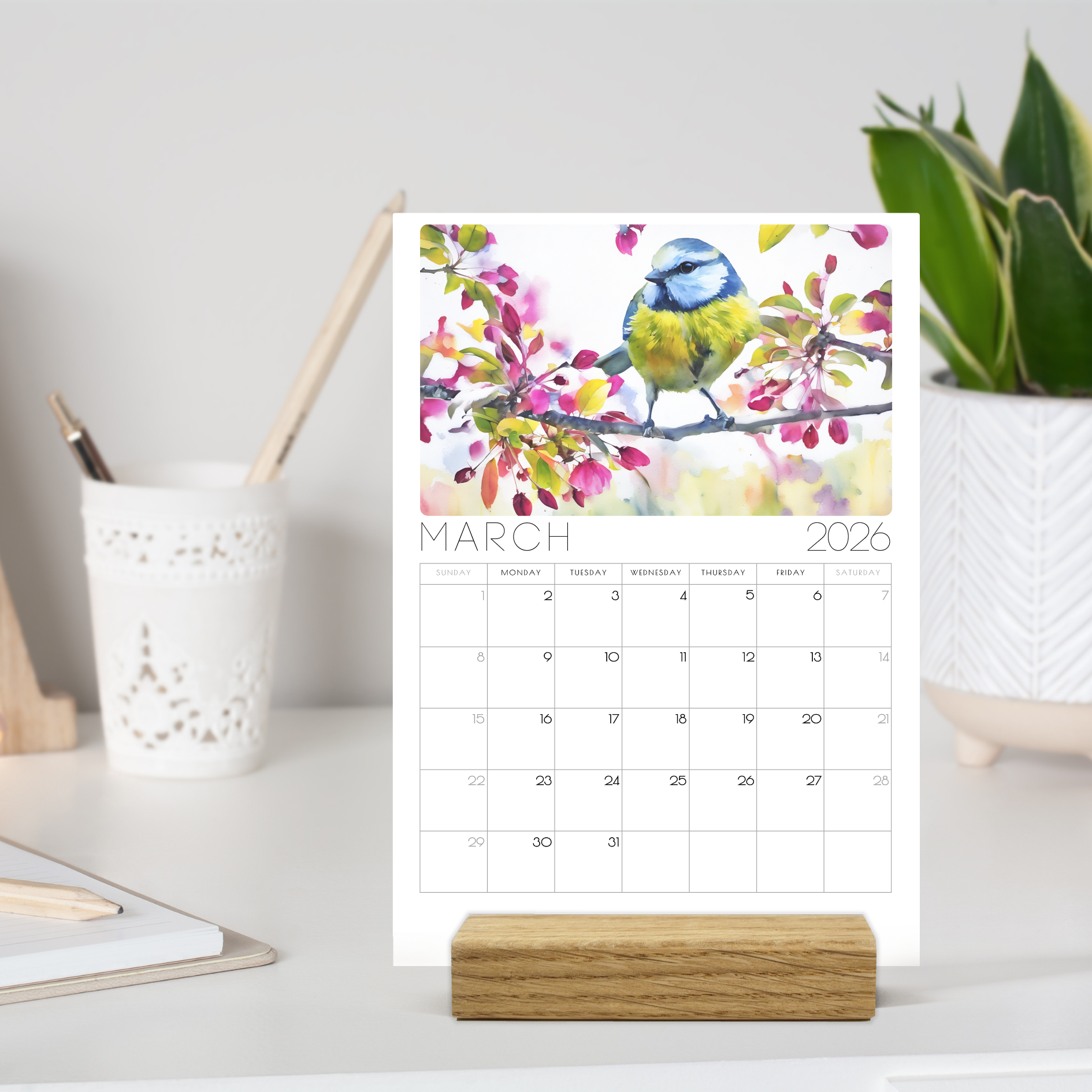 2026 Minimalist British Bird Desk Calendar – Elegant Desk Calendar with or without wooden stand 