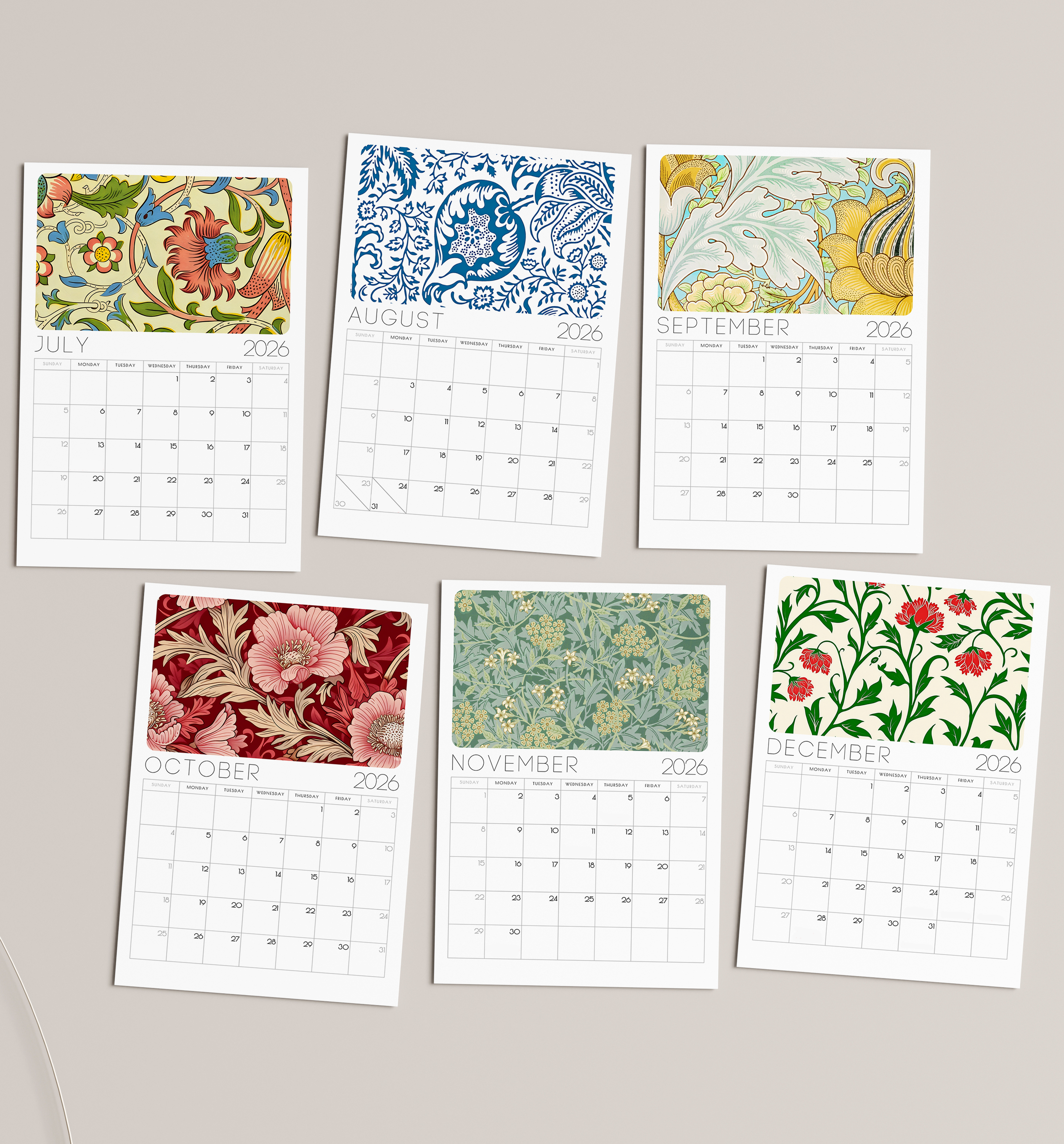 William Morris 2026 Desk Calendar – Vintage Arts & Crafts Floral Design with or without wooden stand