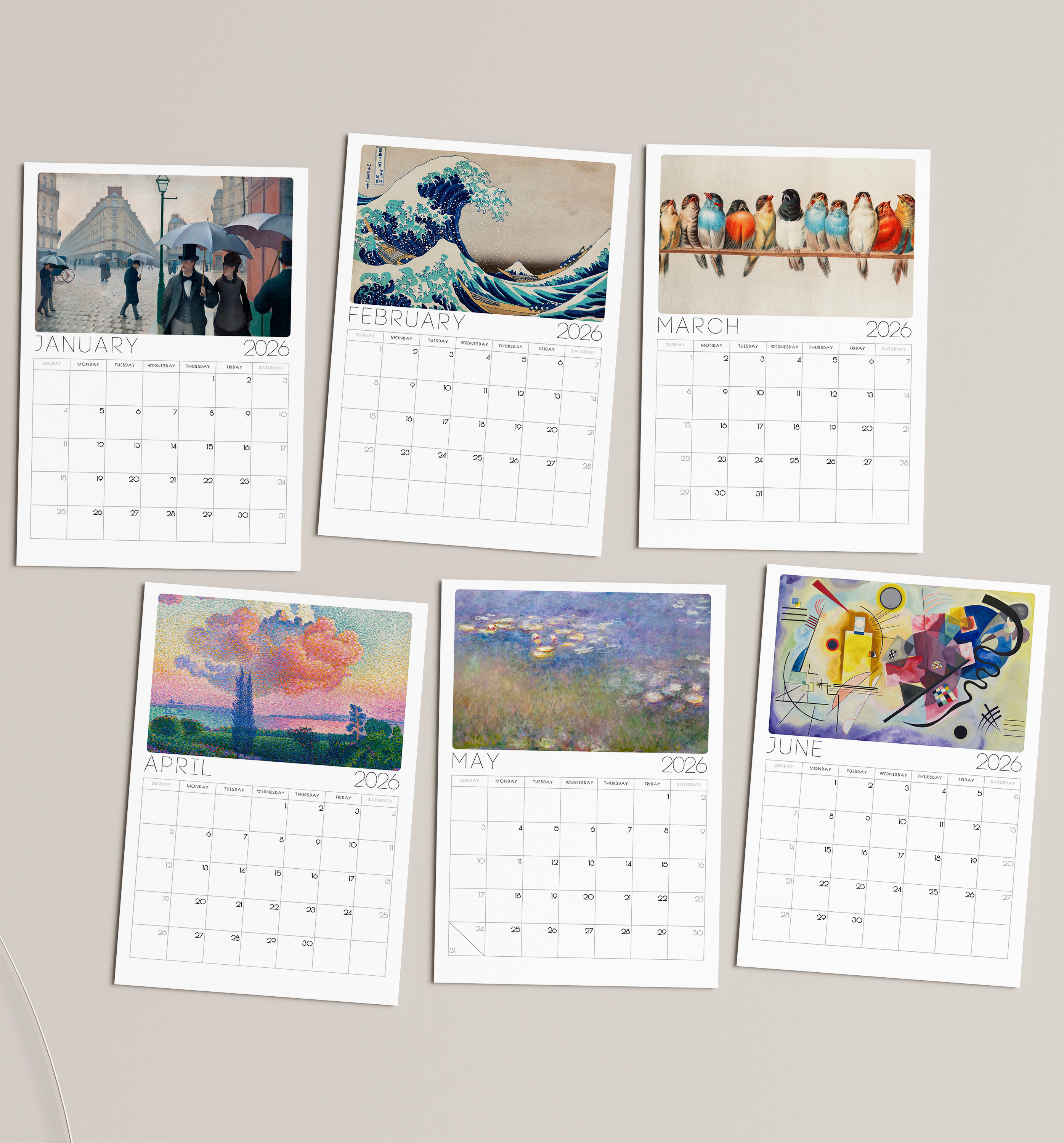2026 Monthly Classic Art Desk Calendar – Iconic Paintings from renowned Artists with or without wooden stand